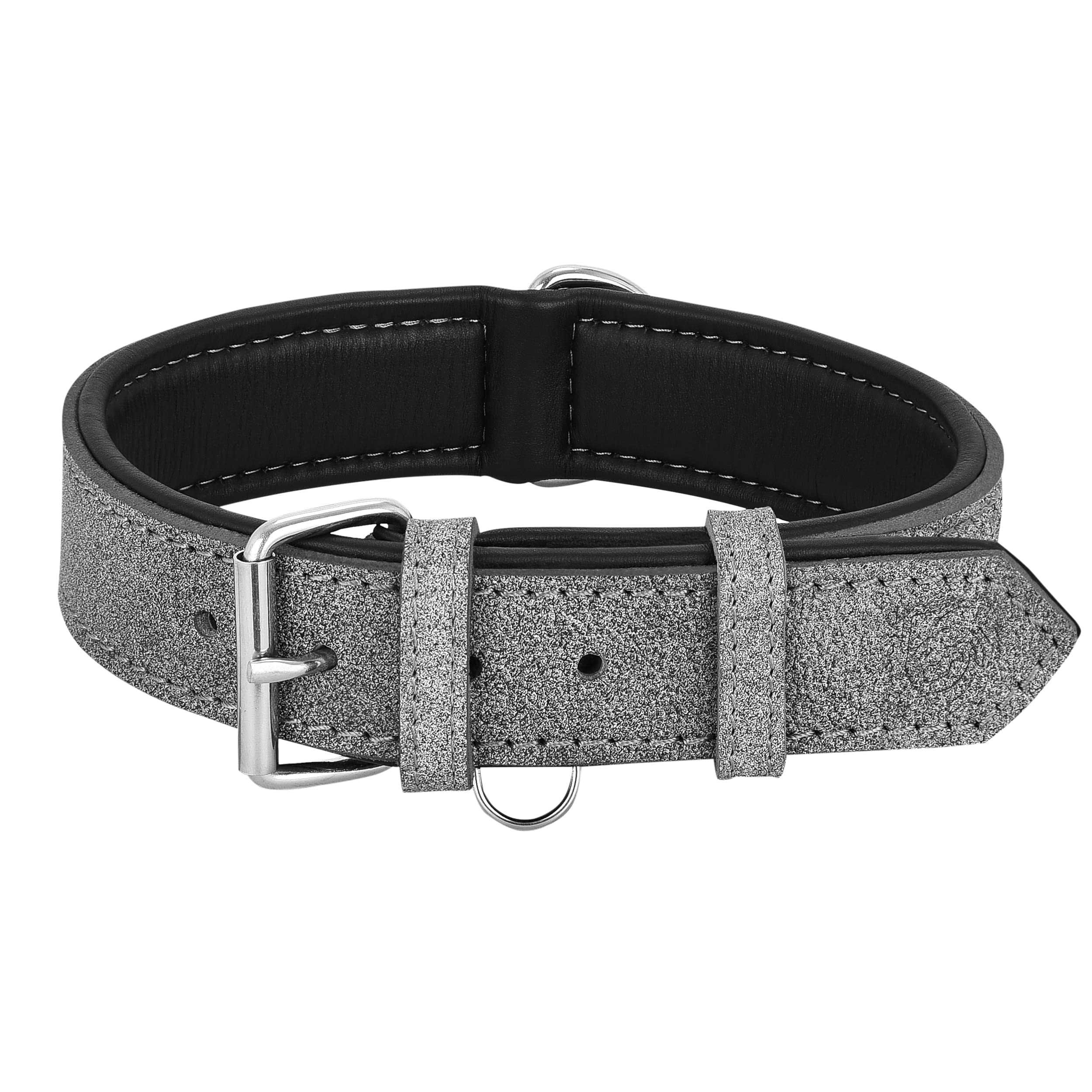 Riparo Medium Dog Collar, Genuine Leather Dog Collar, Dog Collars For Medium Dogs (M, Gray/White Thread)