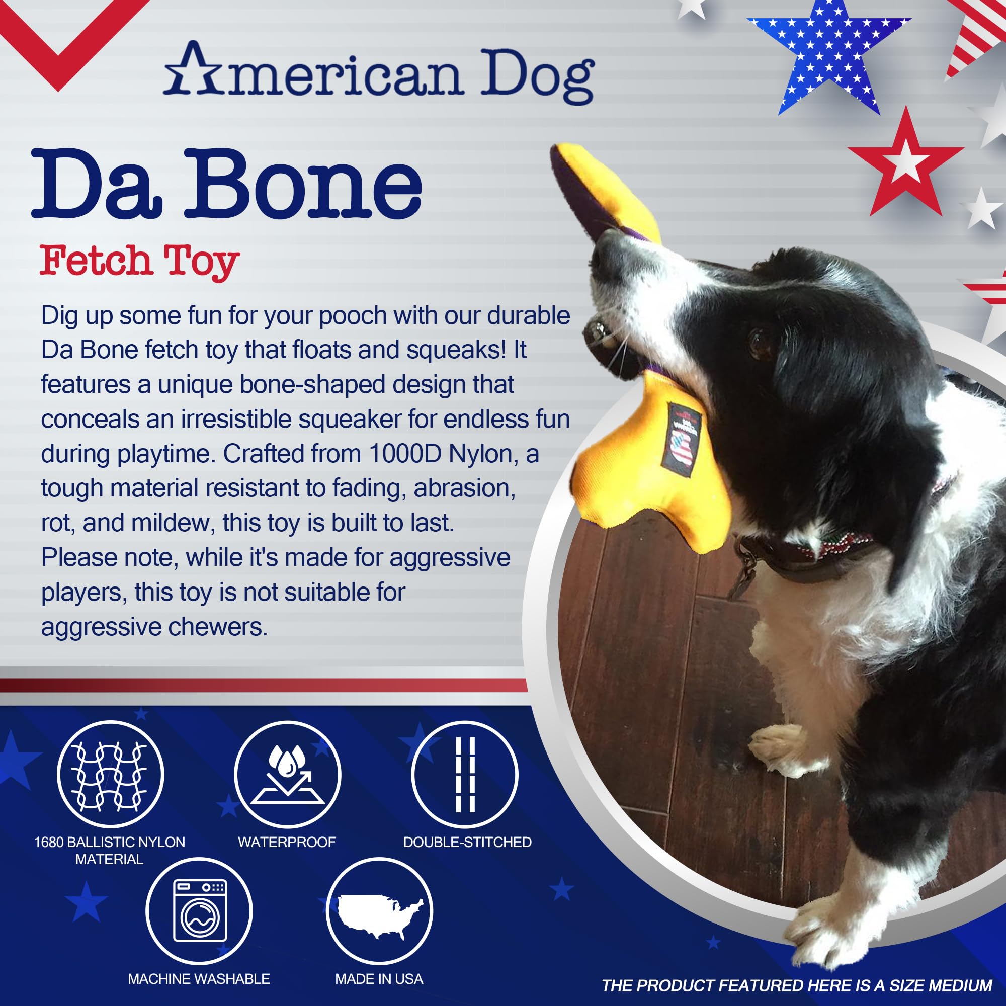 American Dog Da Bone - Durable Fetch Dog Toy Made In Usa From Pet-Safe, Machine-Washable 1000D Nylon Material With Squeaker For