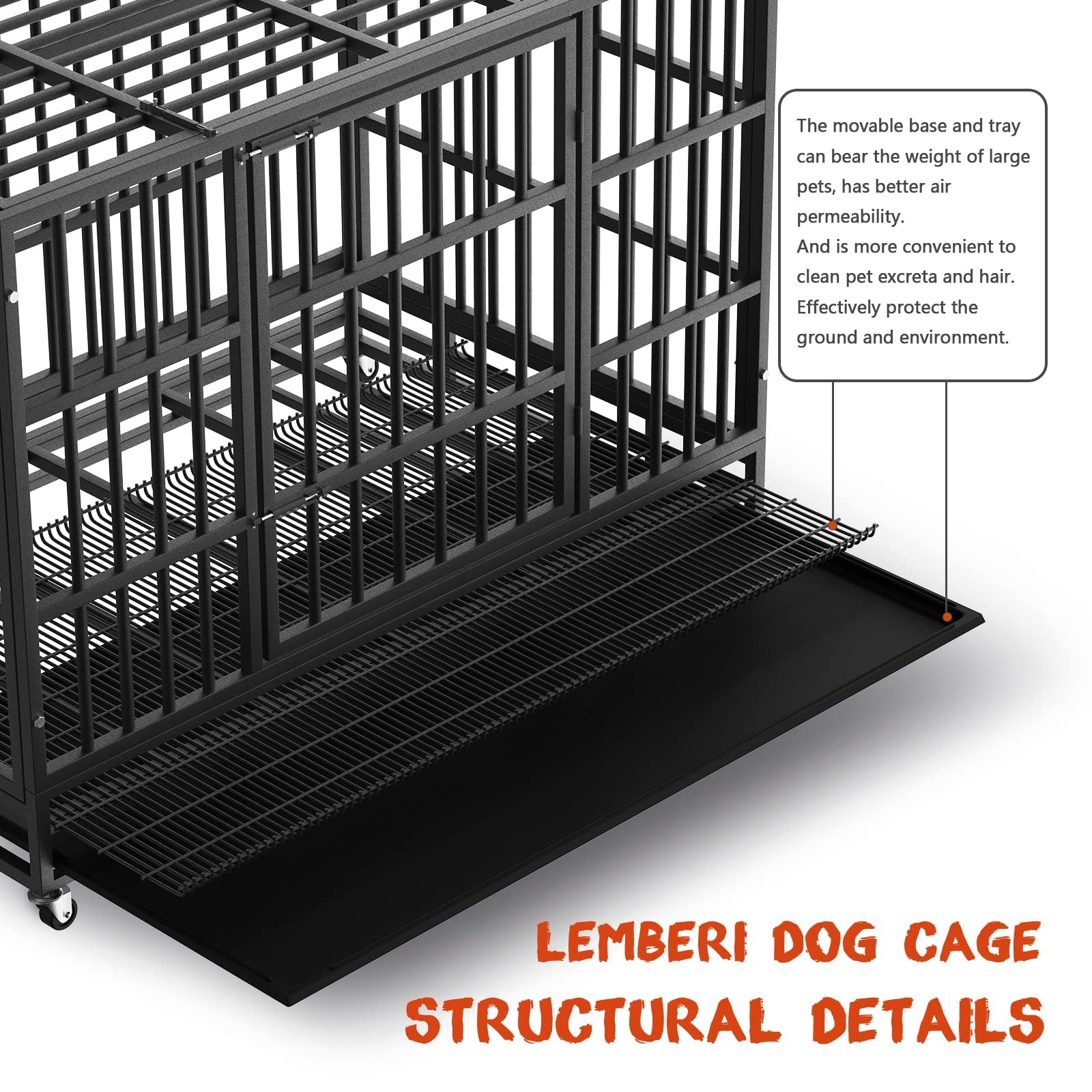 LEMBERI Heavy Duty Dog Crate - Indestructible Escape Proof Kennel, 48/38 Inch, Alloy Steel, Black, Double Door, Lockable Wheels