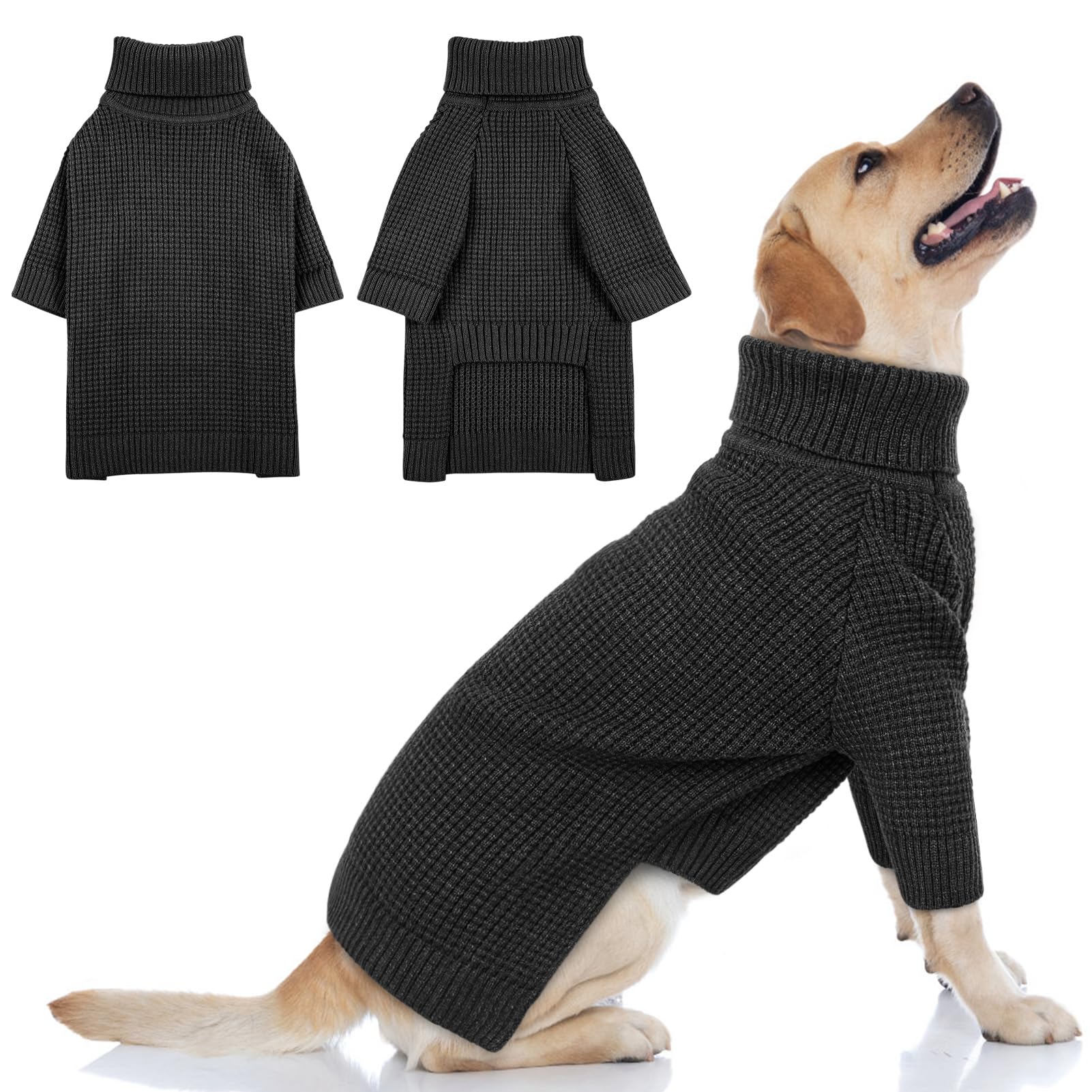 Queenmore Turtleneck Long Sleeve Knitted Dog Sweater With Check Pattern, Fall Winter Warm For Small Medium Large Dogs, Solid Pul