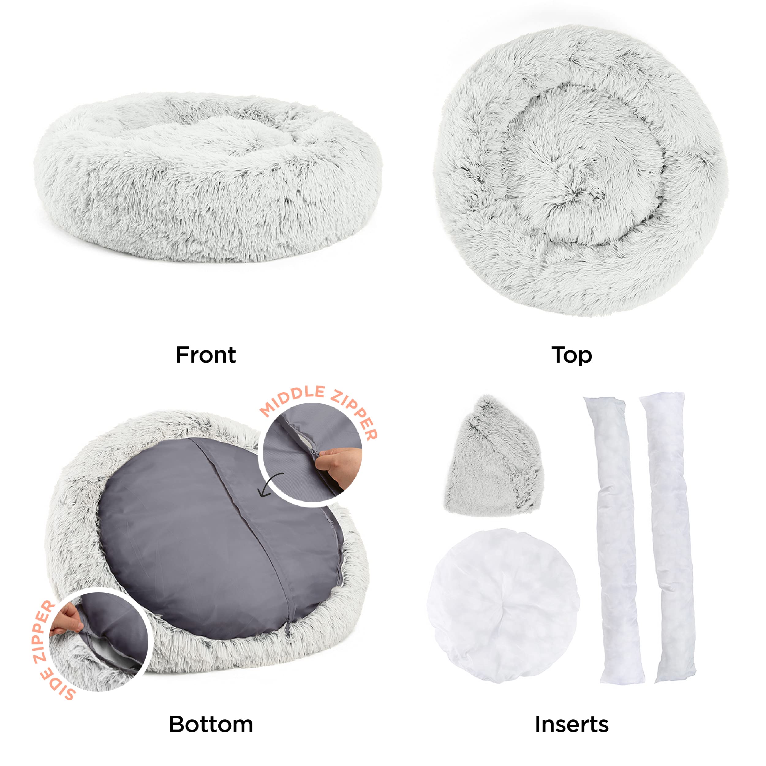 Best Friends By Sheri The Original Calming Donut Dog And Cat Bed In Shag Fur, Frost Gray, Large, 36X36