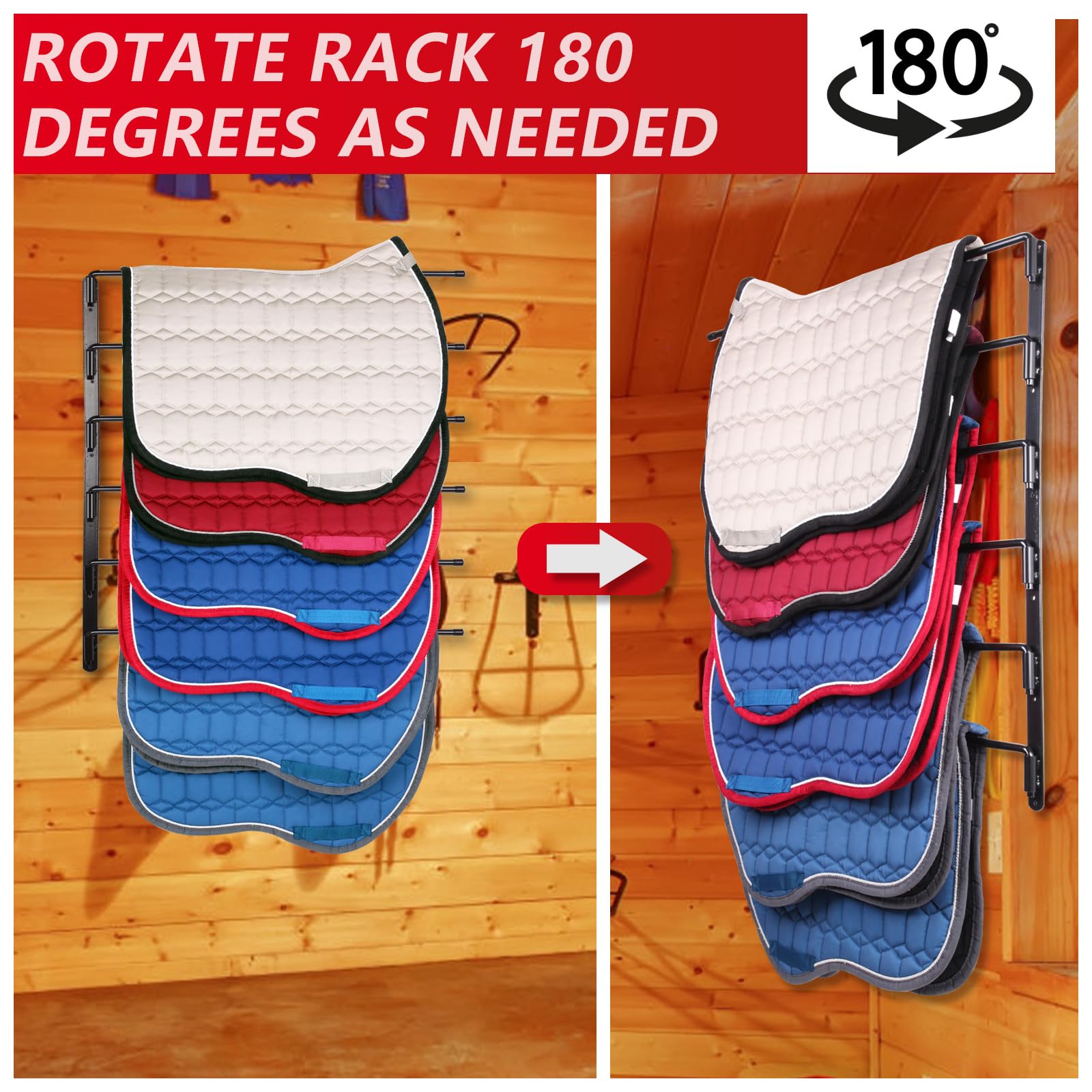 TOMESHA Saddle Pad Rack - Heavy Duty Wall Mount, Extra-Long Rack Arms, Black, Model ZMA-001, Ideal for Horse Blankets and Accessories