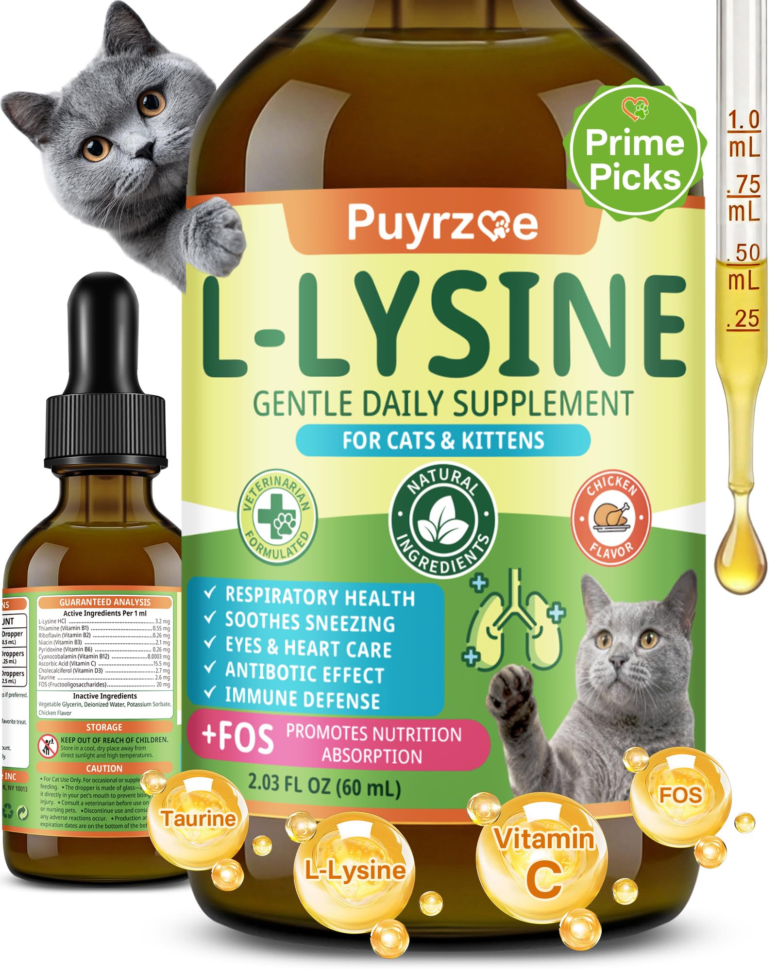Puyrzoe L-Lysine for Cats Drops - Sneezing, Runny Nose & Watery Eyes Relief, Liquid Cat Lysine Supplement for Immune & Respirato