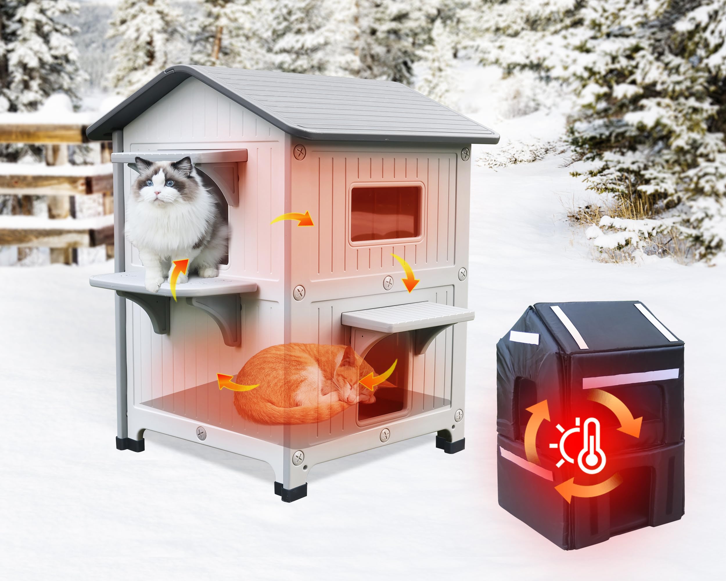 Rockever Plastic Outdoor Cat House With Insulated Liner, 100% Insulated Outdoor Cat Houses For Winter, Waterproof 2 Story Outsid
