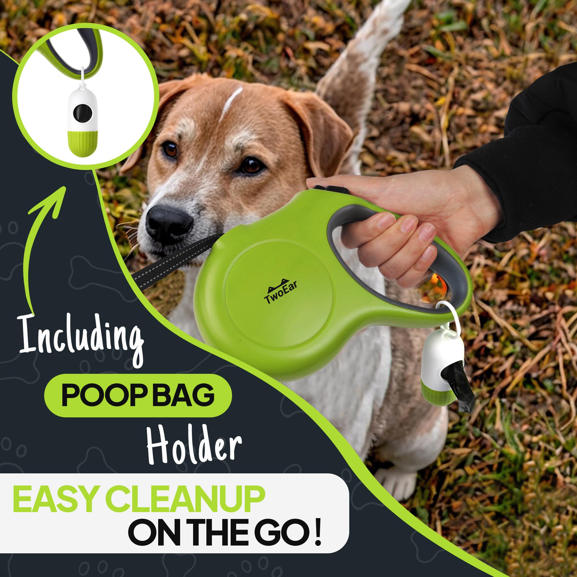 Twoear Retractable Dog Leash 16Ft - Heavy Duty Reflective Nylon Tape Leash With Poop Bag Holder & Anti-Twist Protection For Smal