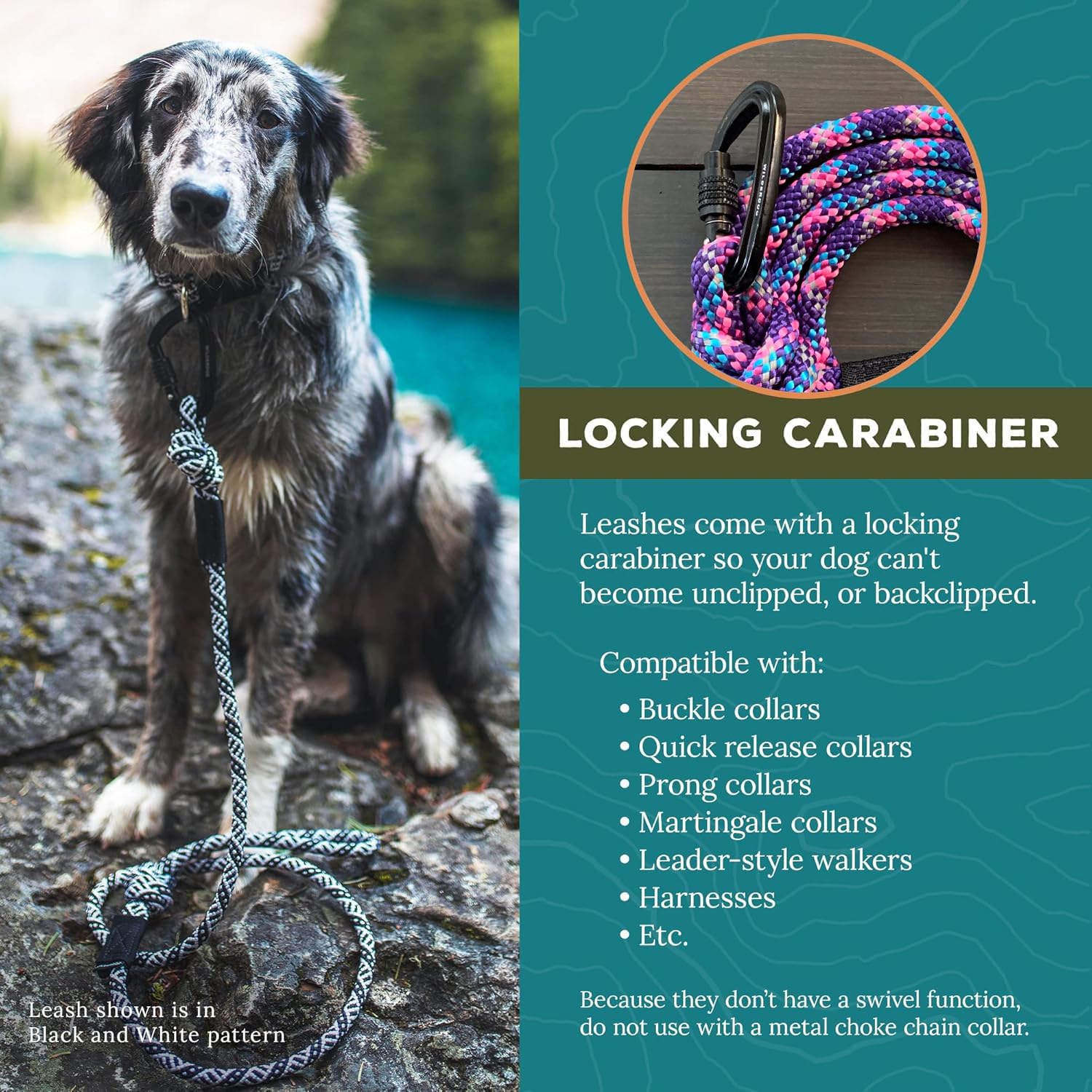 Wilderdog Small Carabiner Climbing Rope Dog Leash For Small & Medium Dogs - 5Ft - Rainbow - 1Ct
