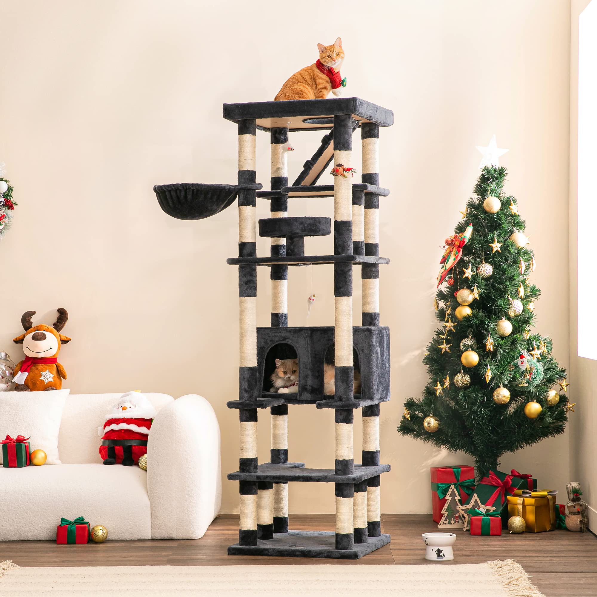 Mwpo 74.8 Inches Large Cat Tree With Sisal-Covered Scratching Posts & Condo, Tall Cat Tower Entertainment Playground Furniture For Cats & Kittens - Multiple Colors-Smoky Gray