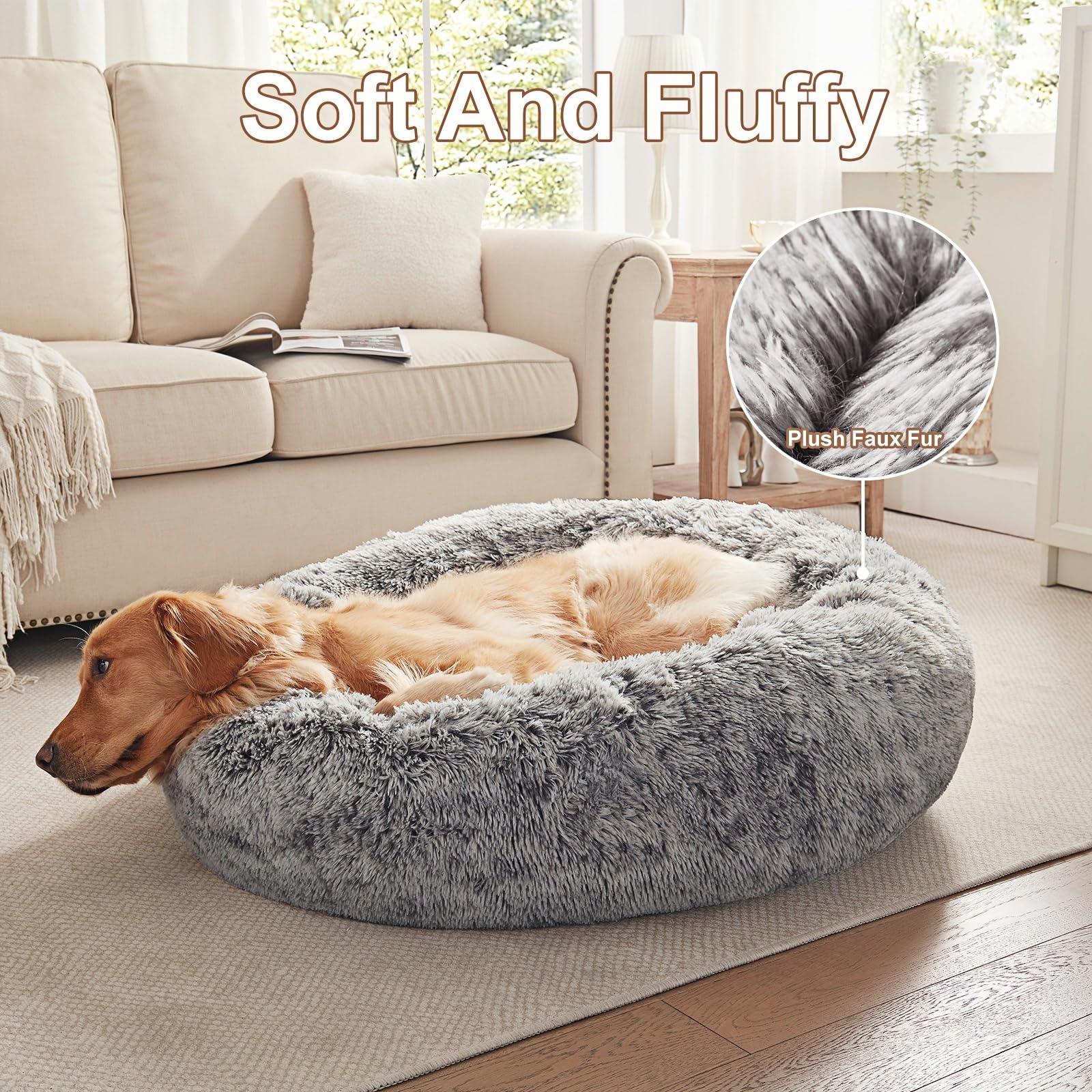BedStill 36 inches Donut Dog Bed for Large Dogs - Calming Fluffy Round Pet Bed with Removable & Washable Cover,Fits up to 80 lbs