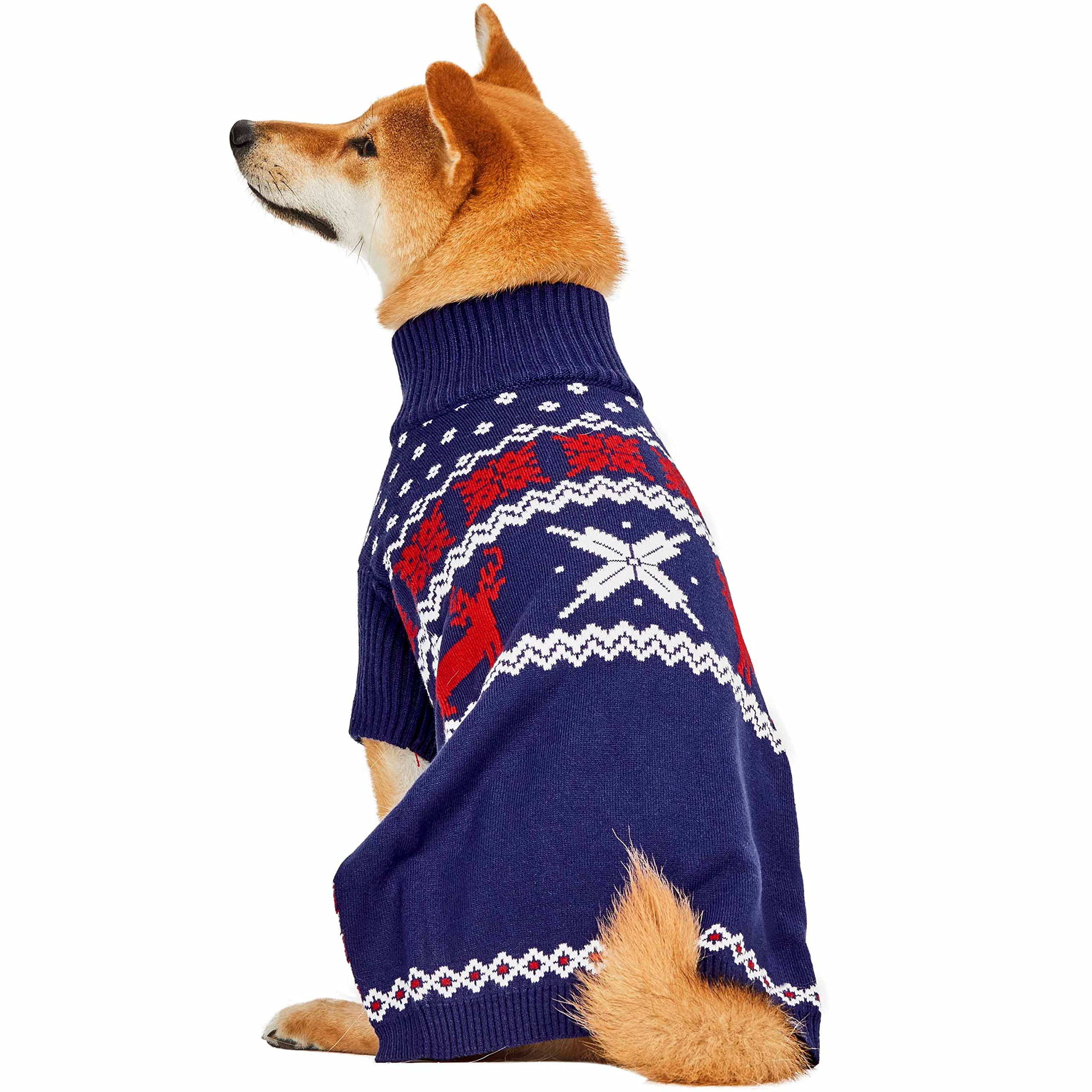 Blueberry Pet Christmas Reindeer And Snowflake Dog Sweater In Royal Blue, Back Length 18', Pack Of 1 Clothes For Dogs