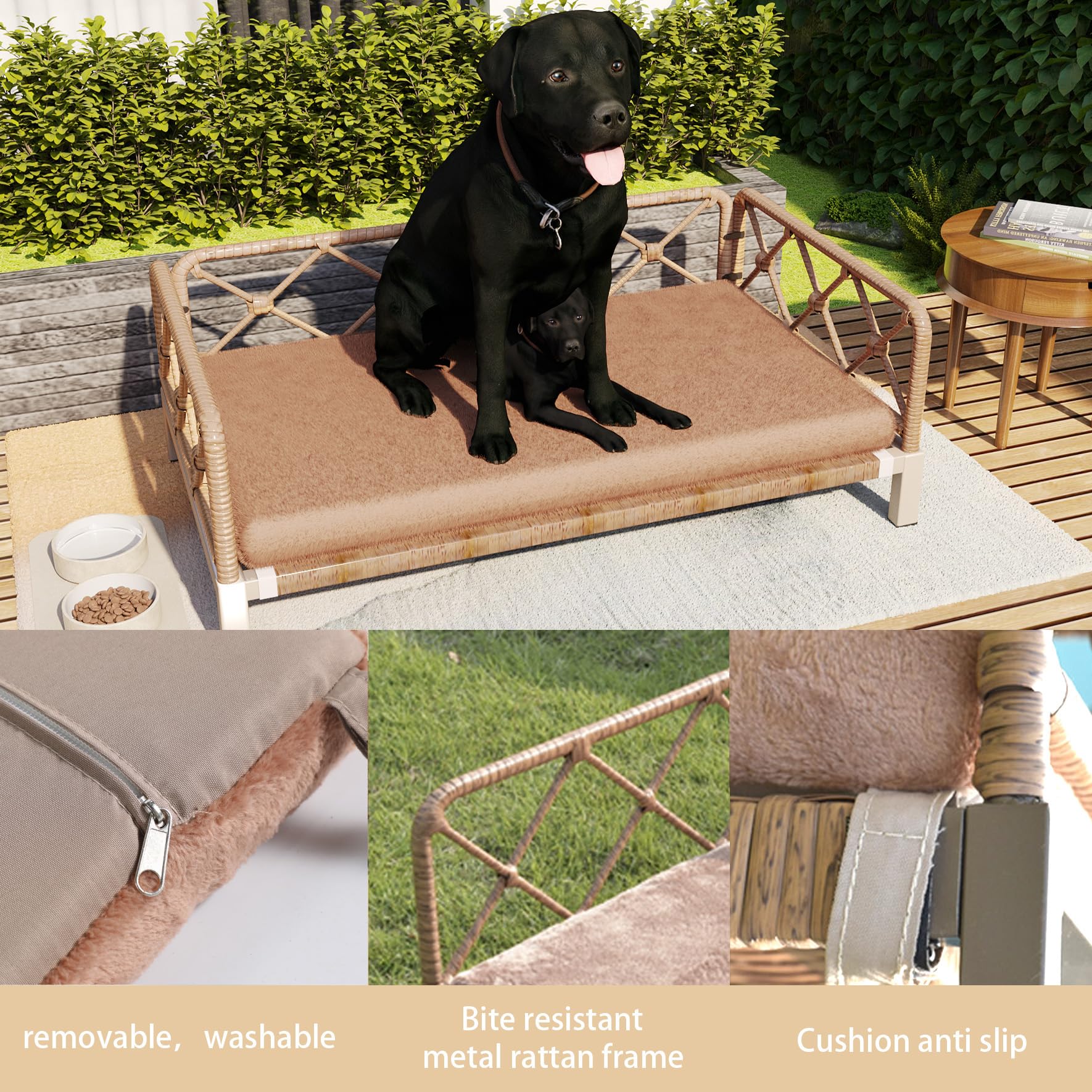 Otair Outdoor Wicker Dog Bed Indoor Rattan Dog Sofa With Soft Cushion (Brown Wicker And Cushion, Large)