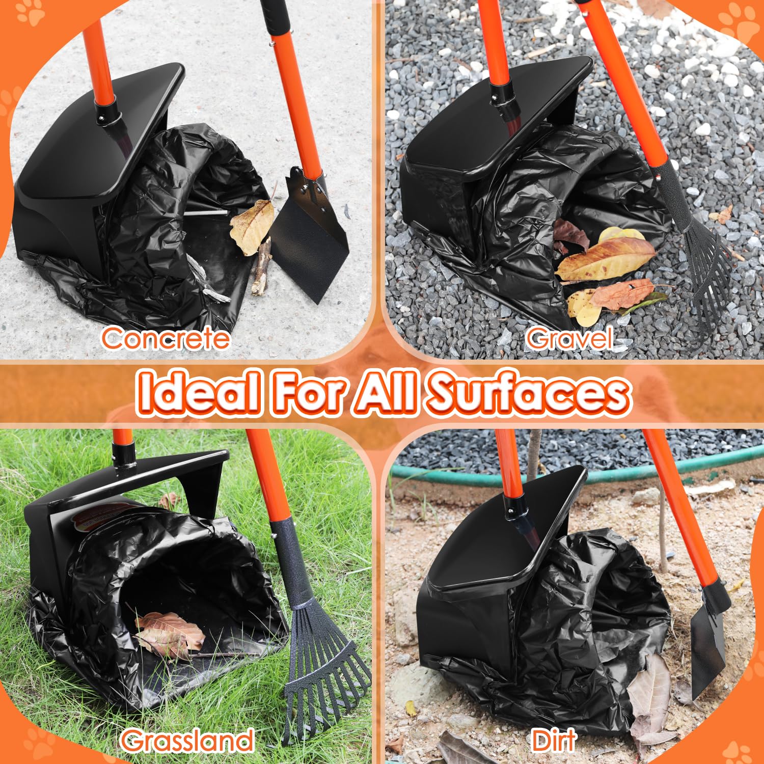 Lukovee Dog Pooper Scooper Kit - 37.4" Adjustable Metal Handle, Swivel Bin & Rake, 20 Poop Bags, Portable, Orange