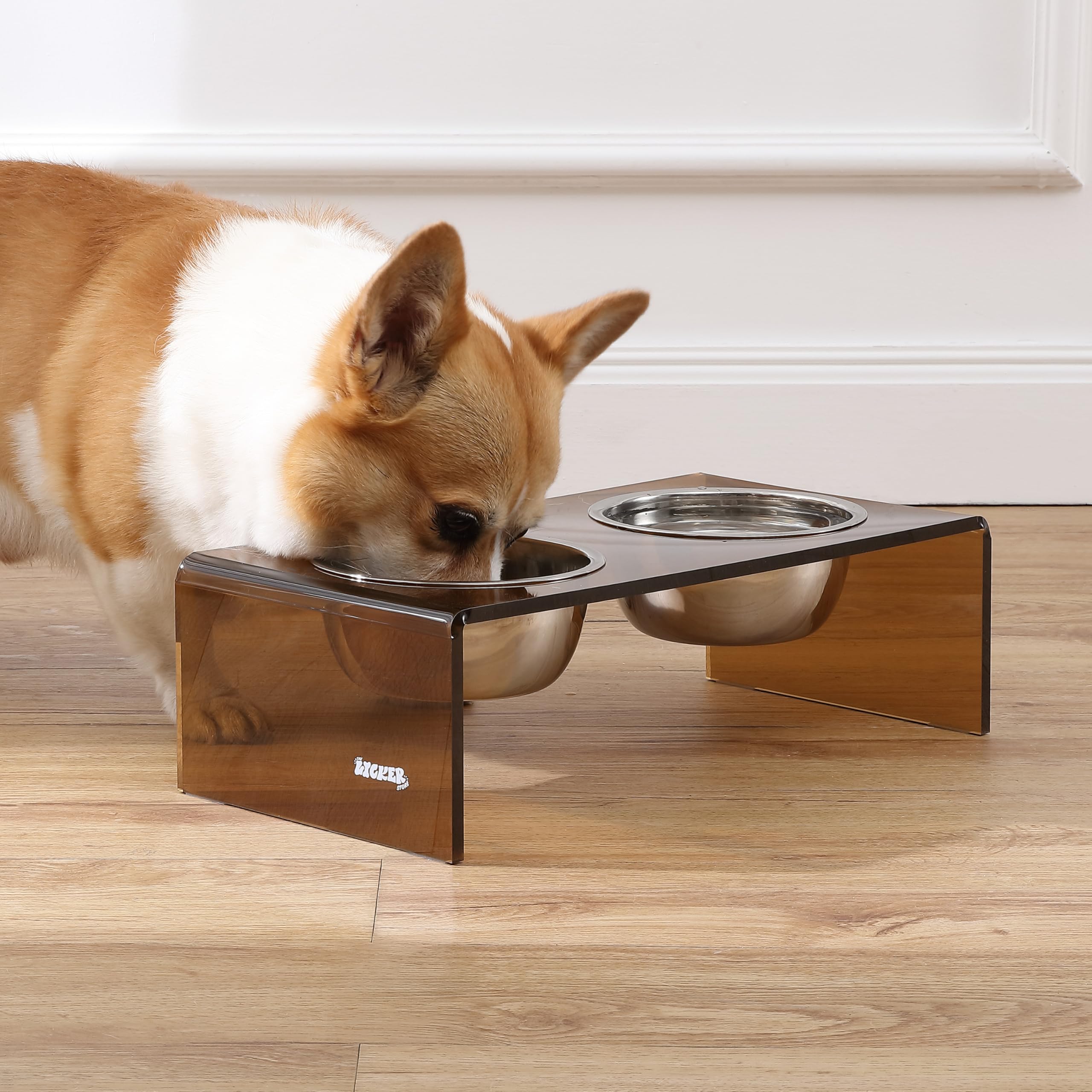 The LICKER Store DBL2000D Keaton 5 Small/Medium Modern Acrylic Rectangular Elevated Pet Feeder with 20oz 2-Stainless Steel Bowls