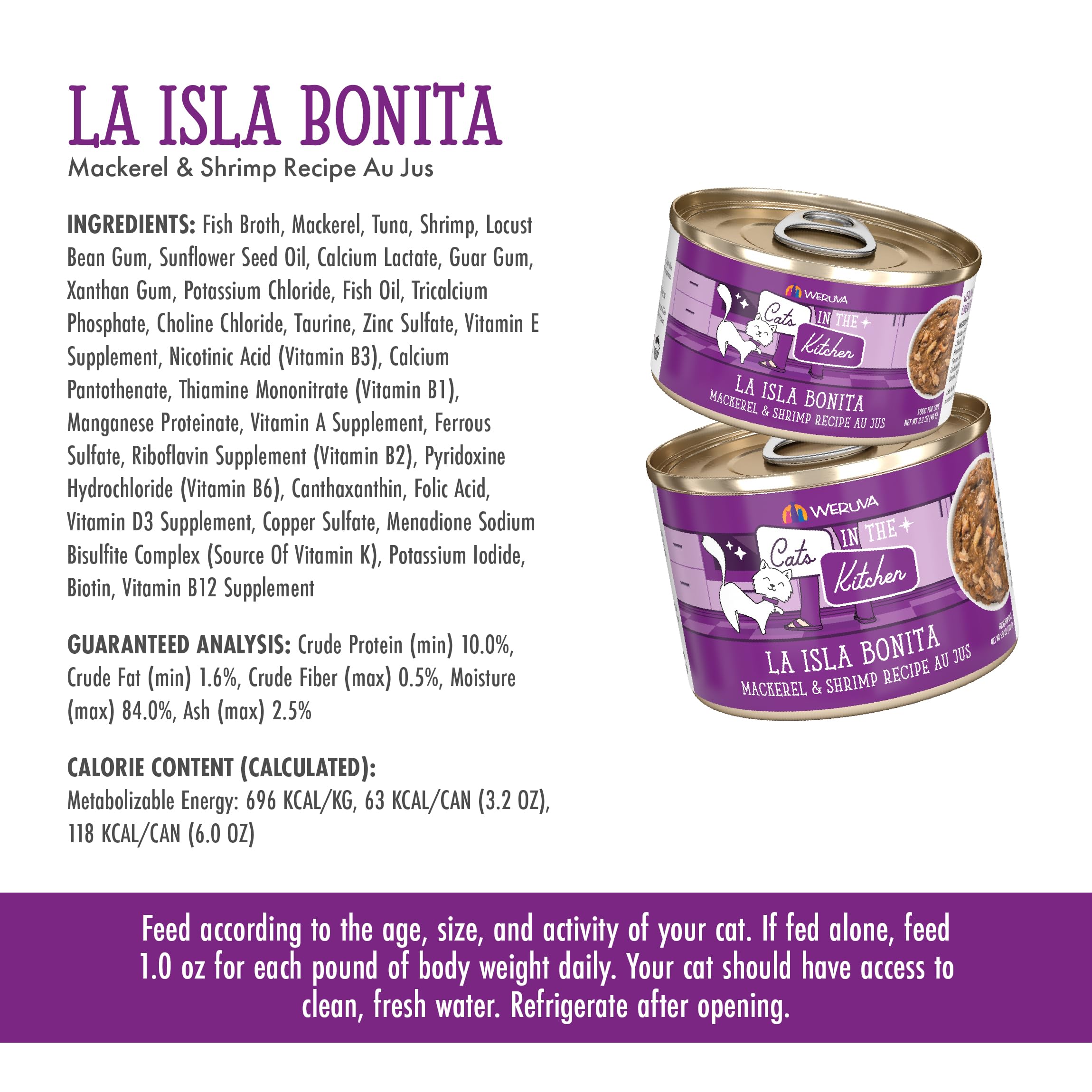 Weruva Cats in The Kitchen, La Isla Bonita with Mackerel & Shrimp Au Jus Cat Food, 3.2oz Can (Pack of 24)