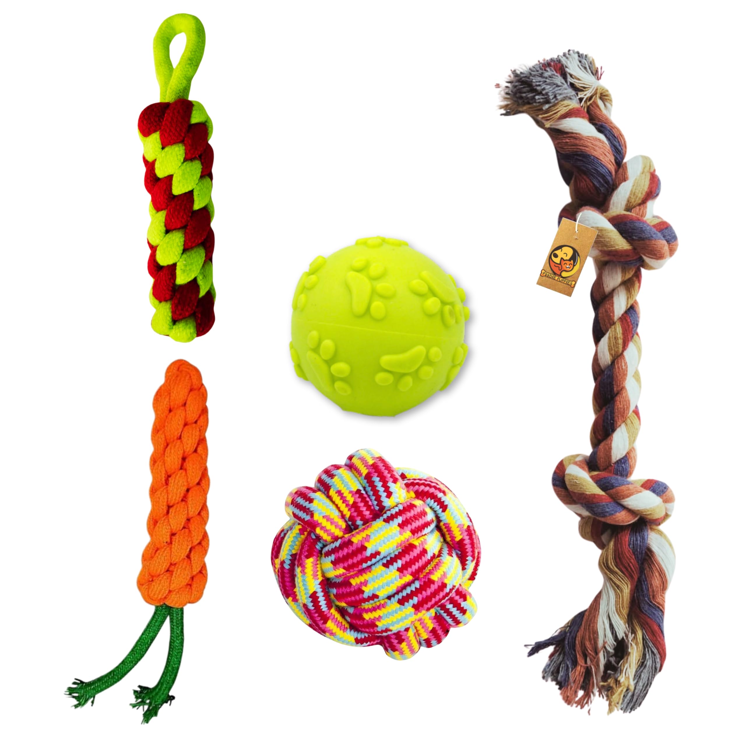 Foodie Puppies 5 In 1 Squeaky And Chew Rope Dog Toy Combo  (2Knot Rope + Cotton Ball + Carrot + Corn Stick + Claw Ball) | Chewi