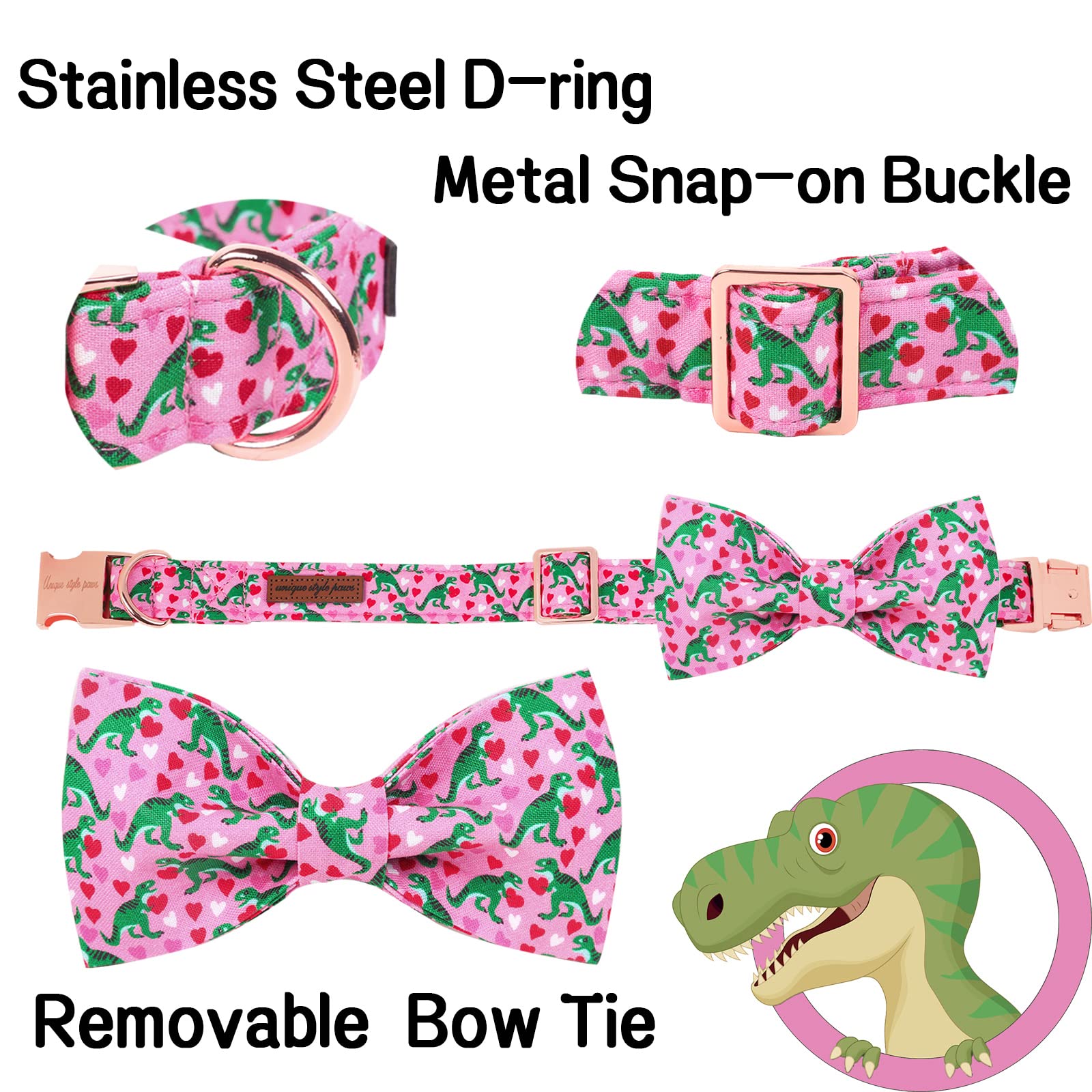 Unique Style Paws Dog Collar With Bowtie Pink Dinosaur & Heart Puppy Collar Suitable For Small Medium Large Dogs With Adjustable Safety Metal Buckle For Valentine'S Day-L