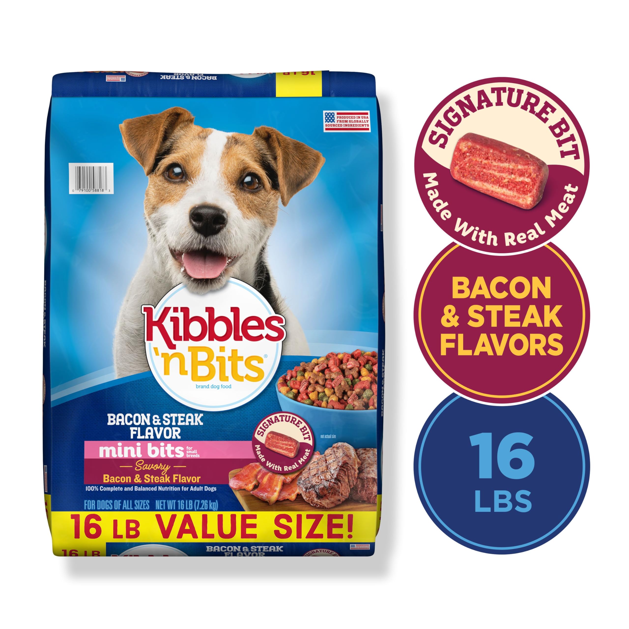 Kibbles 'n Bits Mini Bits Bacon & Steak Flavor Dry Dog Food, 16-Pound Bag for Small Breeds