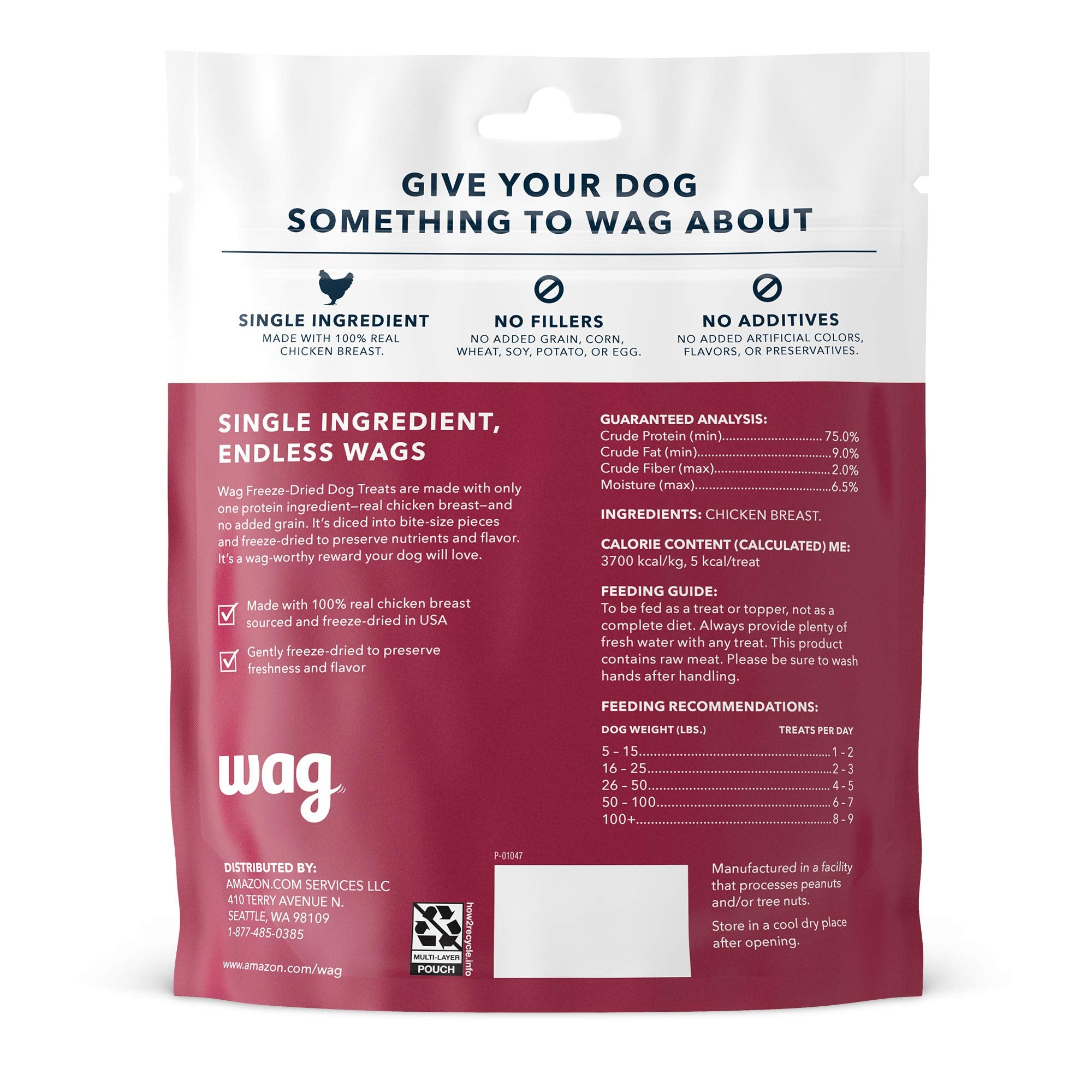 Amazon Brand - WAG Dog Treats Freeze Dried Raw Single Ingredient Chicken Breast, High Protein, Healthy Training Treats or Meal T