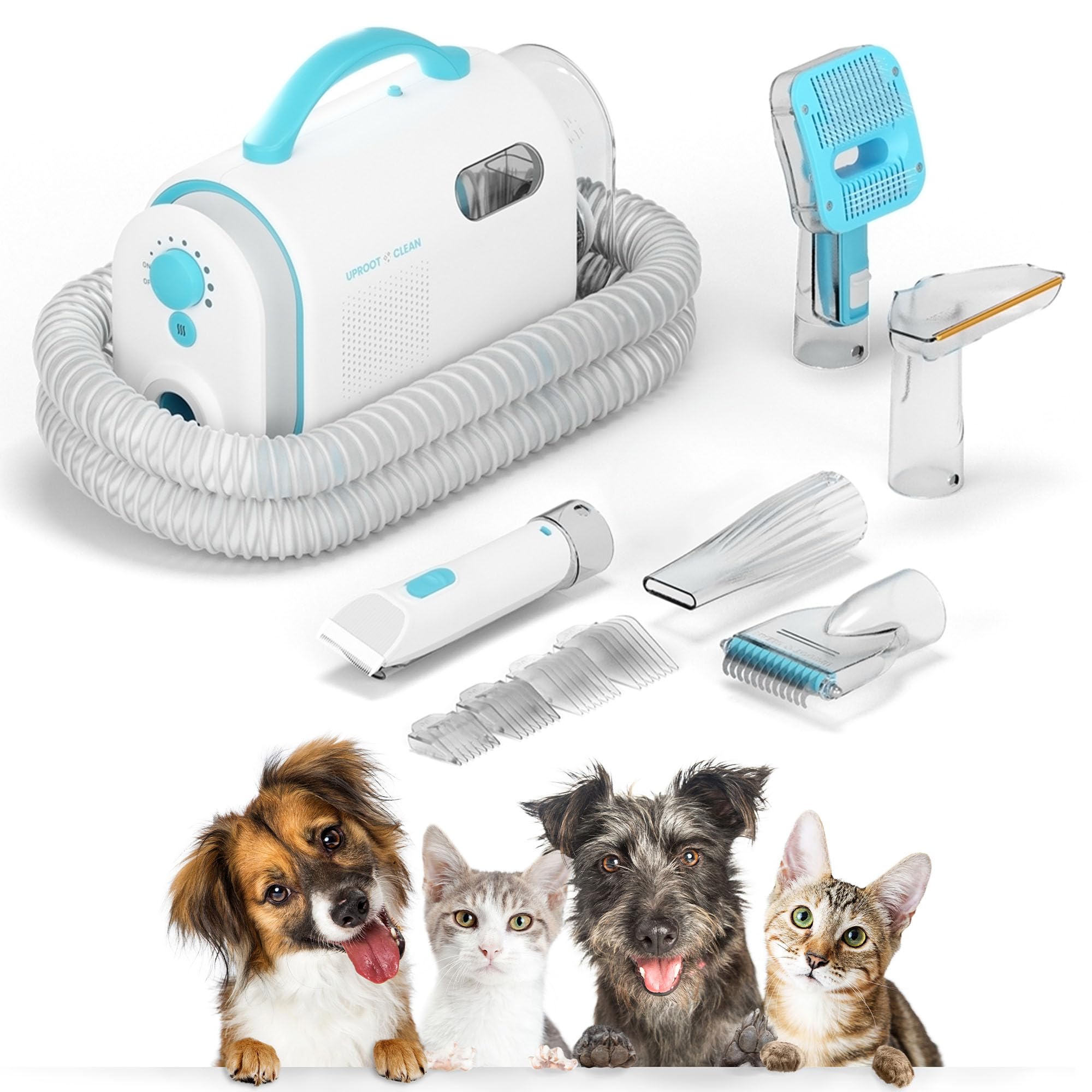 Uproot Clean Pet Grooming Vacuum Kit - Cat & Dog Hair Vacuum Groomer with Brush, Detangle, Deshed, Trim, Clean, & Dry Attachment