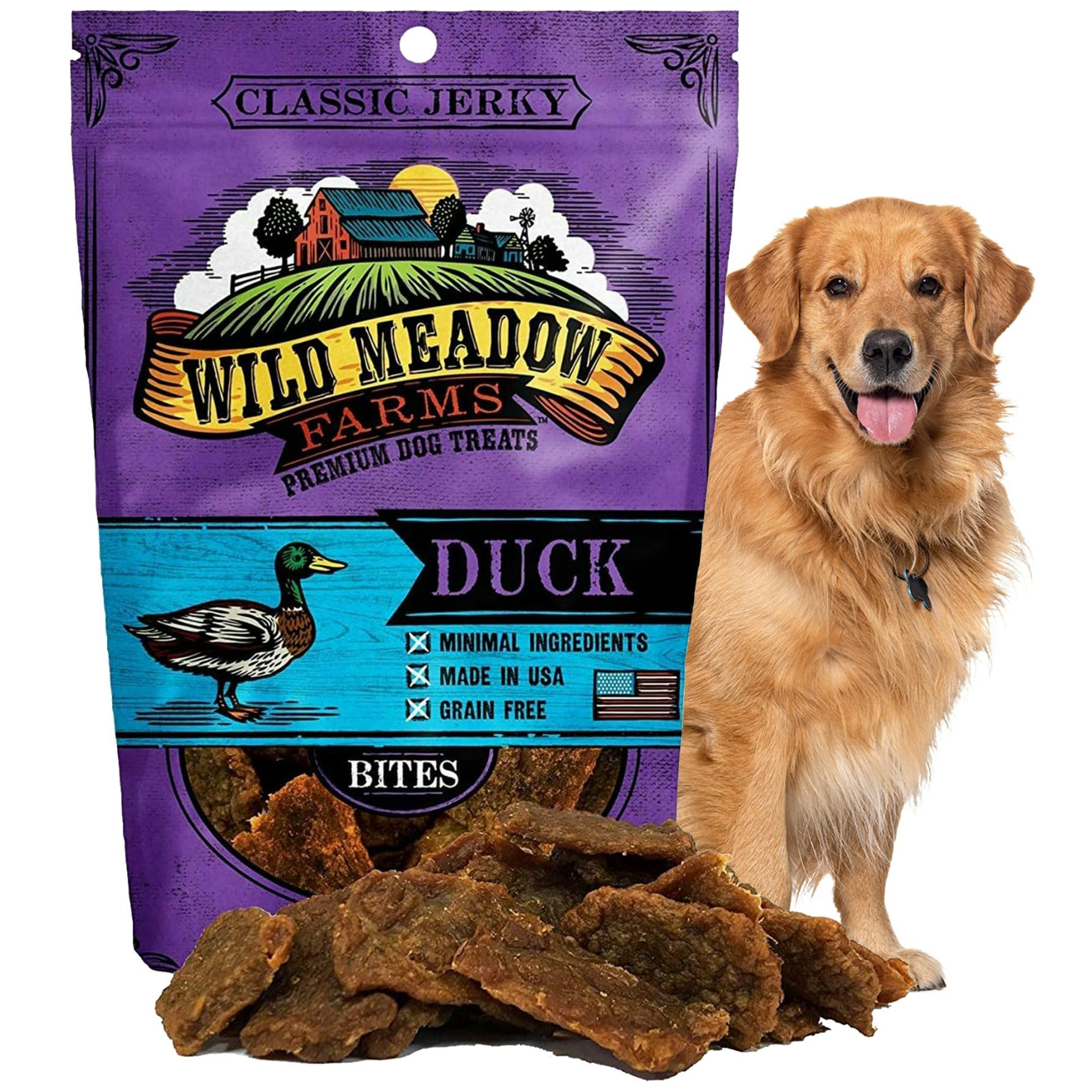 Wild Meadow Farms - Classic Duck Bites, Soft Jerky Treats for Dogs, Grain-Free & All-Natural, Ideal for Training, Portioning, an