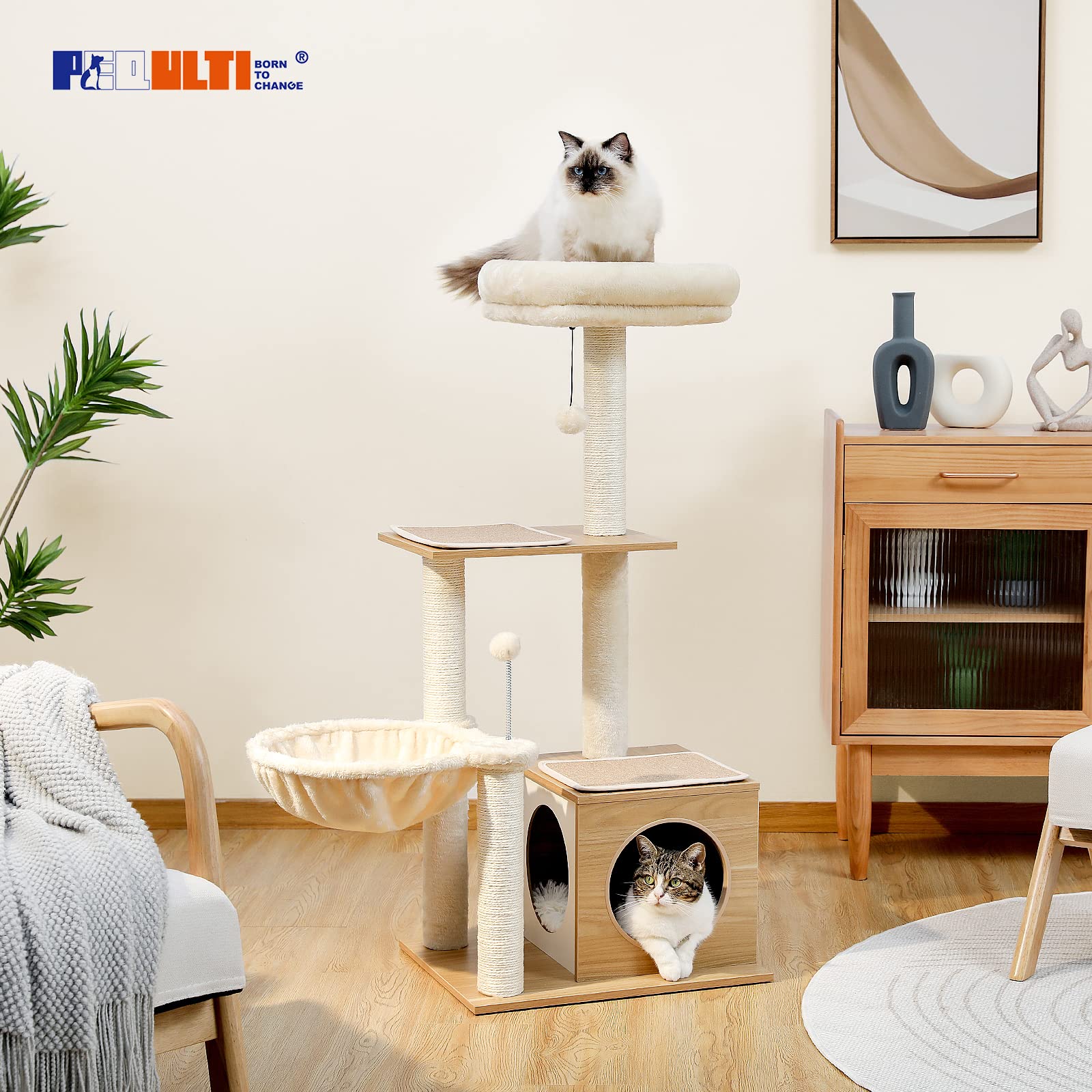 PEQULTI Cat Tree - Modern Indoor Multi-Level Tower with Condo, Hammock, Scratching Post - 43" Wooden Beige - Model AM52-AMT0106BG