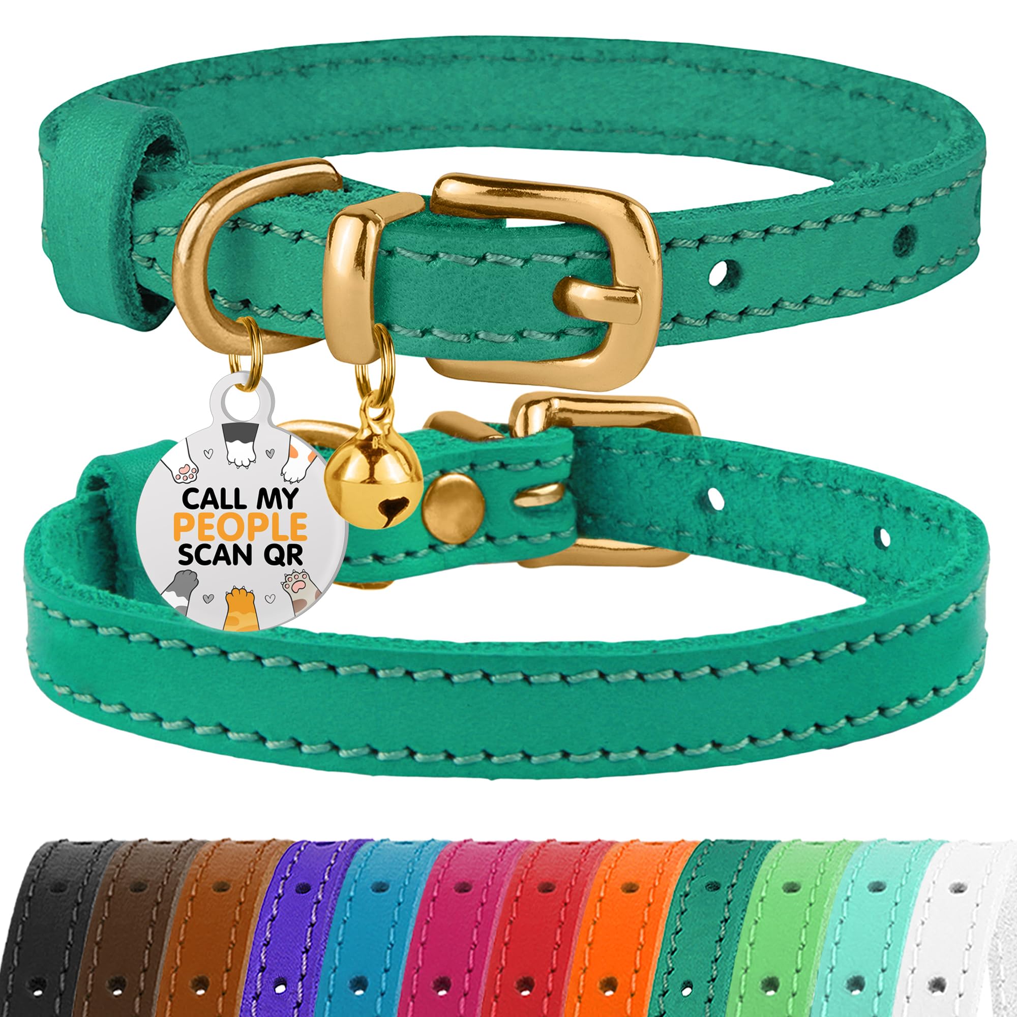 Bronzedog Leather Cat Collar With Bell Non Breakaway Kitten Qr Tag For Girl Boy (7'' - 9'' For Cats, Green & Gold)