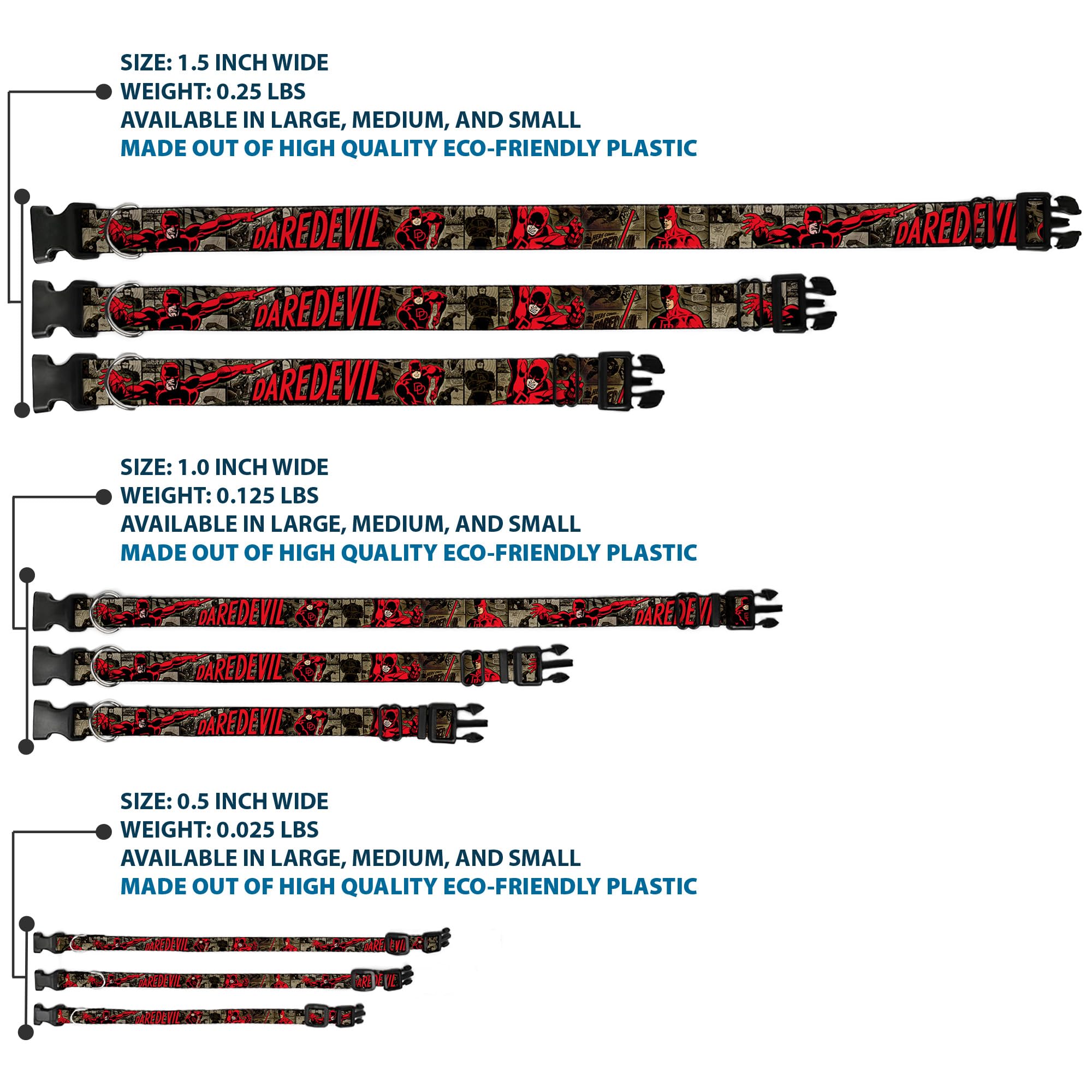 Buckle-Down ''Daredevil Action Poses/Comic Panels Grays/Red'' Plastic Clip Collar, 1.5'' X 16-23''/Medium