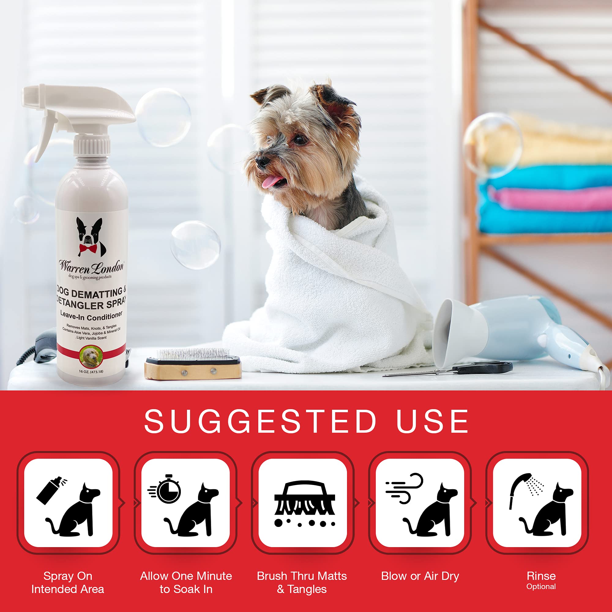 Warren London Dog Dematting And Detangler Spray Bundle With Rake Brush | Groomer Formulated Detangling Spray For Dogs W Aloe Vera & Jojoba Oil | Made In Usa | 16Oz W/Rake Brush