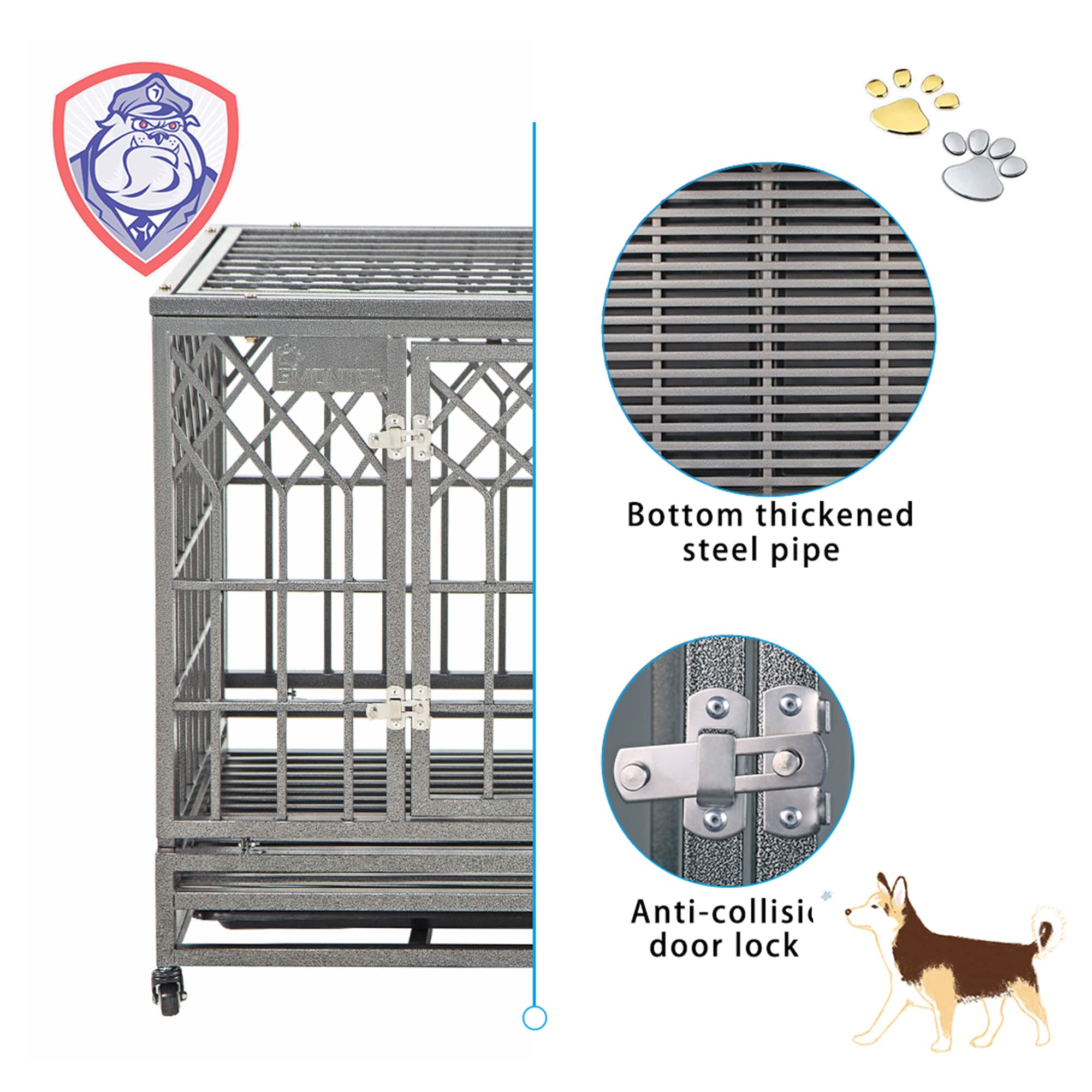 Smonter Heavy Duty Dog Cage For Large Dog Strong Metal Kennel And Crate Pet Playpen With Three Doors, Four Wheels,38 Inch,Y Shap