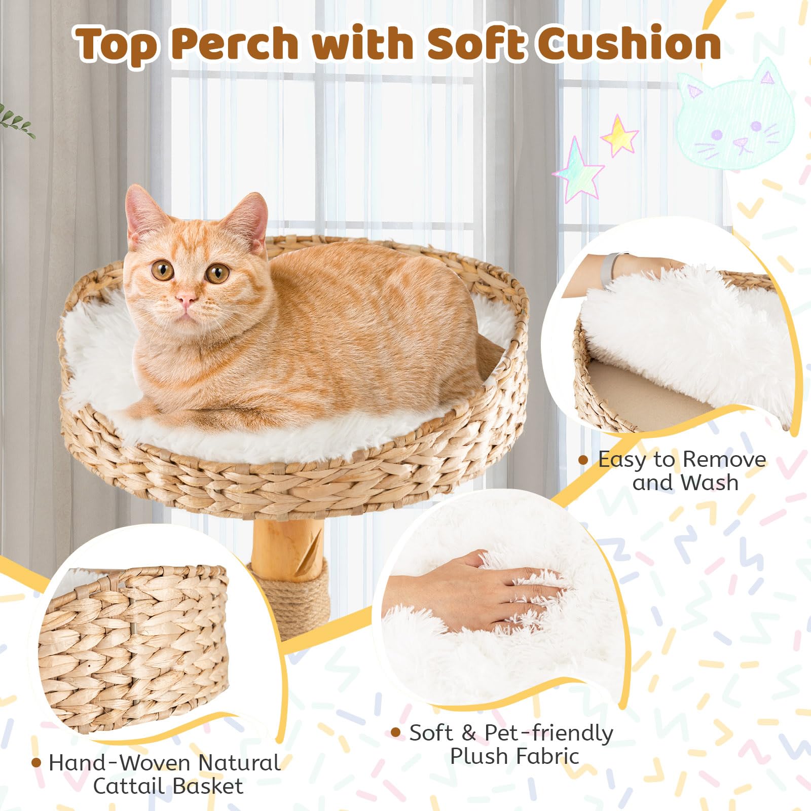 Tangkula Cat Tree For Indoor Cats, Solid Wood Modern Cat Tower With Top Cattail Basket Cat Bed, Side Perch, Large Platform & Cat Condo, Cute Cat Tree With Scratching Posts For Large Cats (49 Inch)
