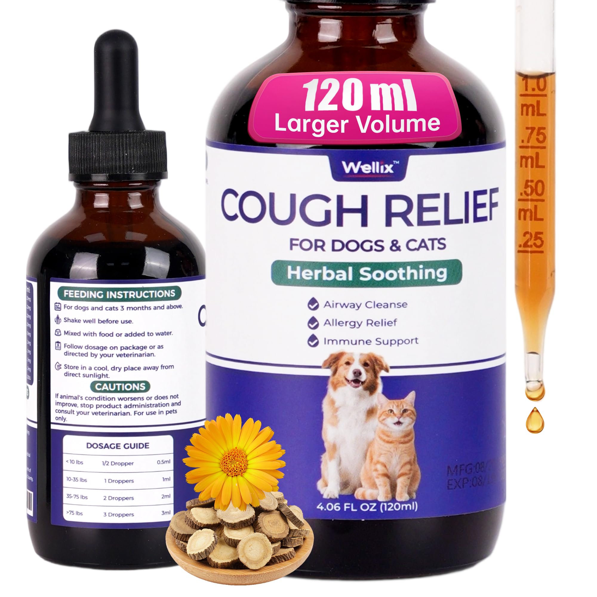 Wellix 120ml Kennel Cough Treatment for Dogs & Cats High-Volume - All Herbal Formula for Dog Cough, Sneezing & Cat Cold Relief -