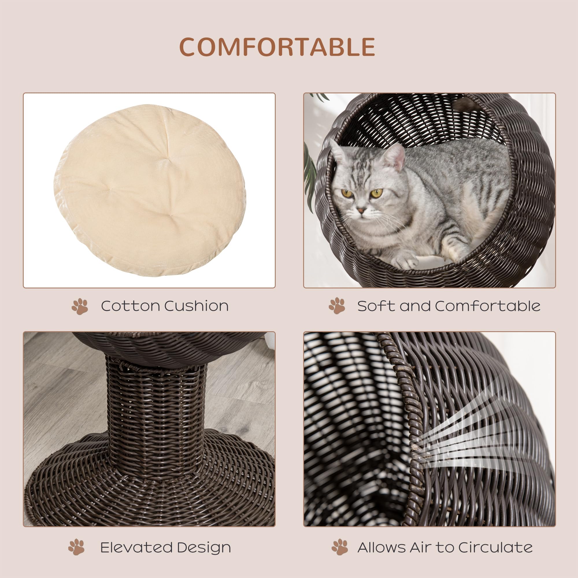Pawhut 28' Hooded Rattan Wicker Elevated Cat Bed - Coffee/Beige