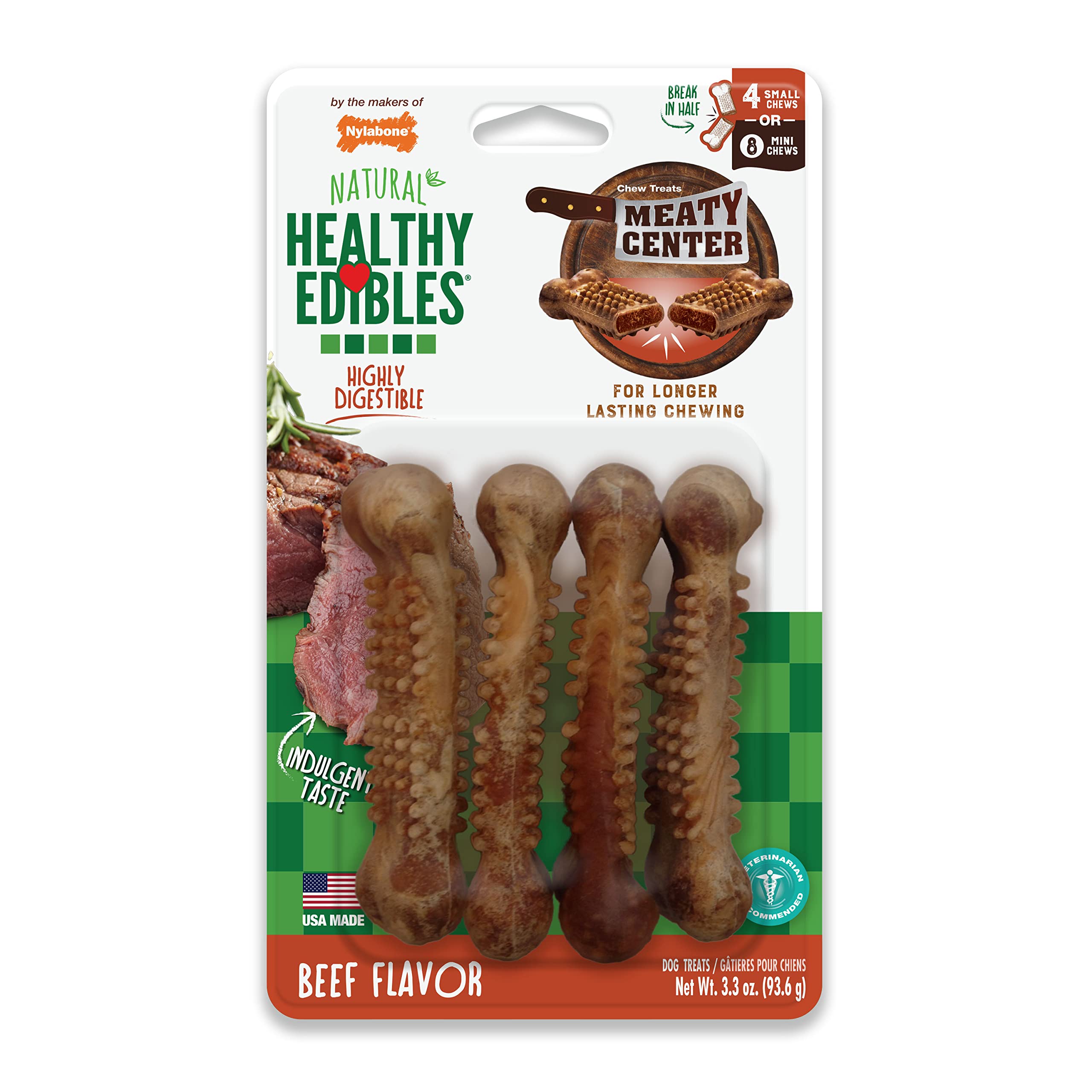 Nylabone Healthy Edibles Natural Dog Chews Long Lasting Meaty Center Beef Flavor Treats for Dogs, Small (4 Count)