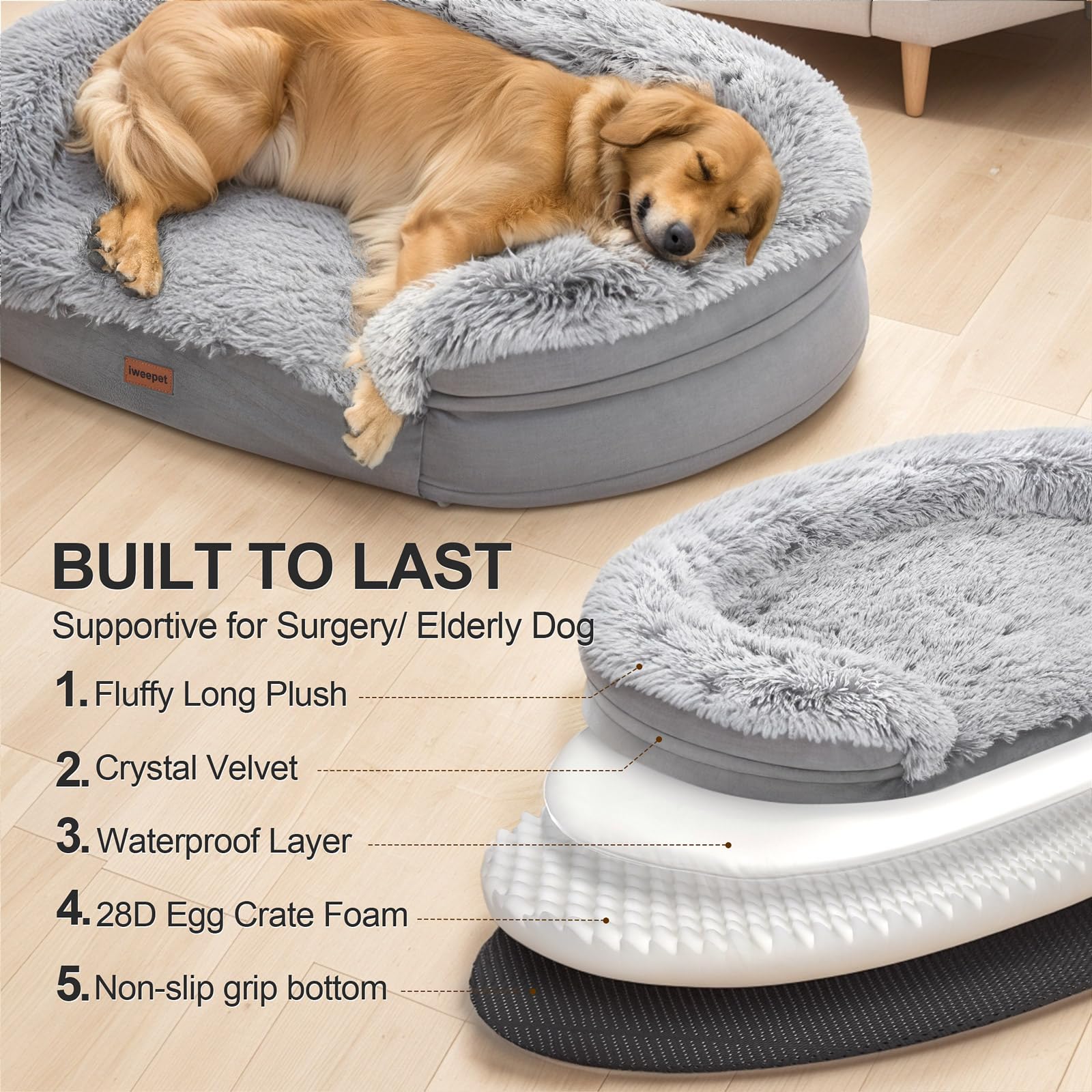 3.7 Inch Thickened Orthopedic Dog Beds For Large Dogs,Supportive Dog Sofa Bed With 28D Egg-Crate Foam, Removable Washable Plush