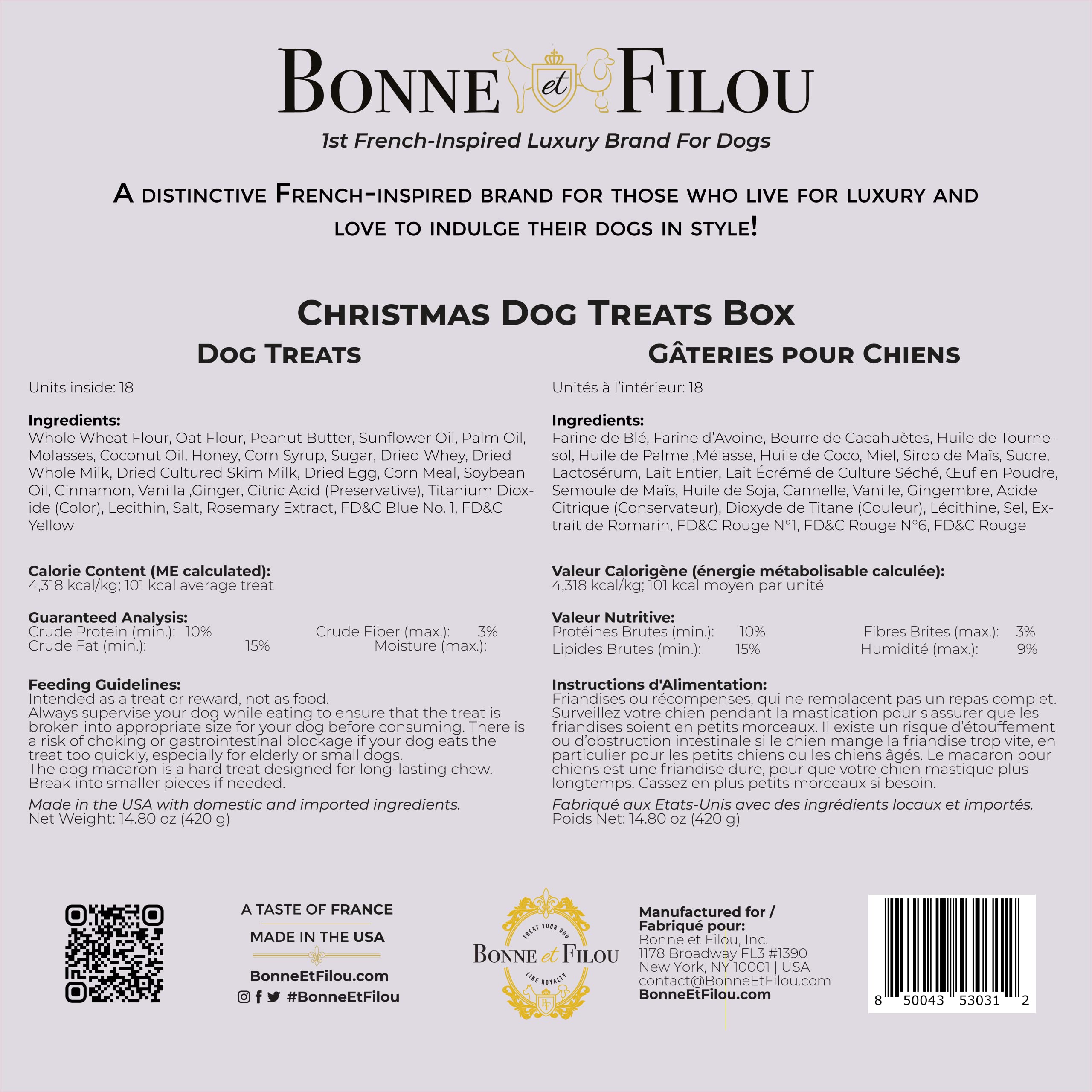 Bonne et Filou Christmas Dog Treats, Luxury Gourmet Gift Box, 18 Hand Designed Macarons, Truffles & Bone Cookies, Perfect Holida