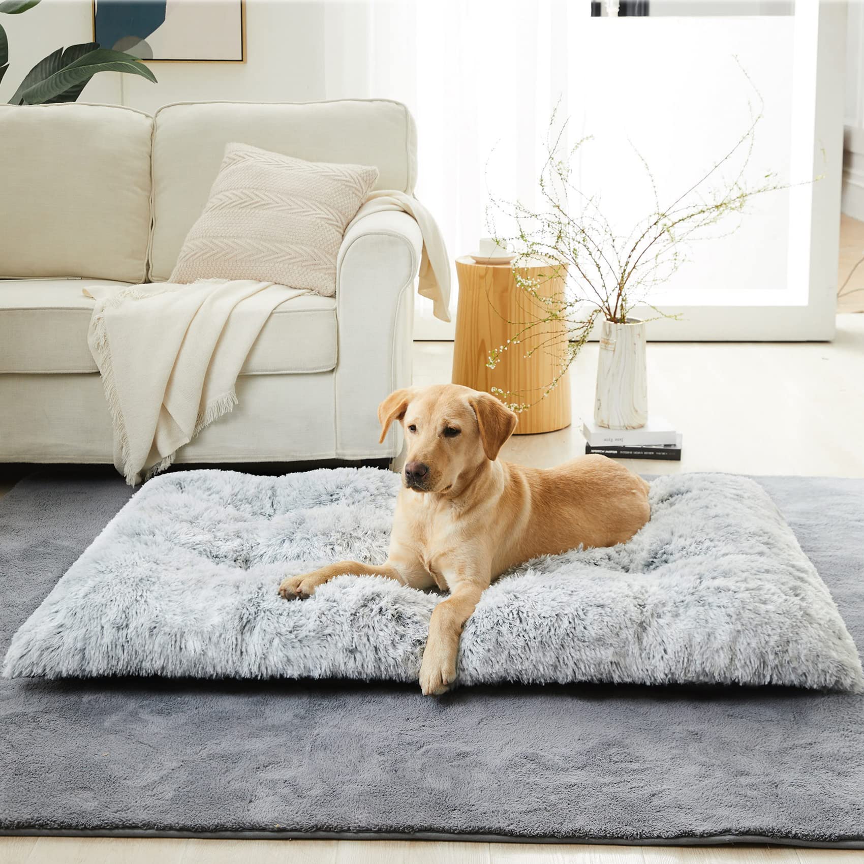 BFPETHOME Dog Bed XL Grey, Plush Crate Pad for Large Dogs, Washable with Anti-Slip Bottom, Fluffy Kennel Pad for Sleep & Anxiety Relief