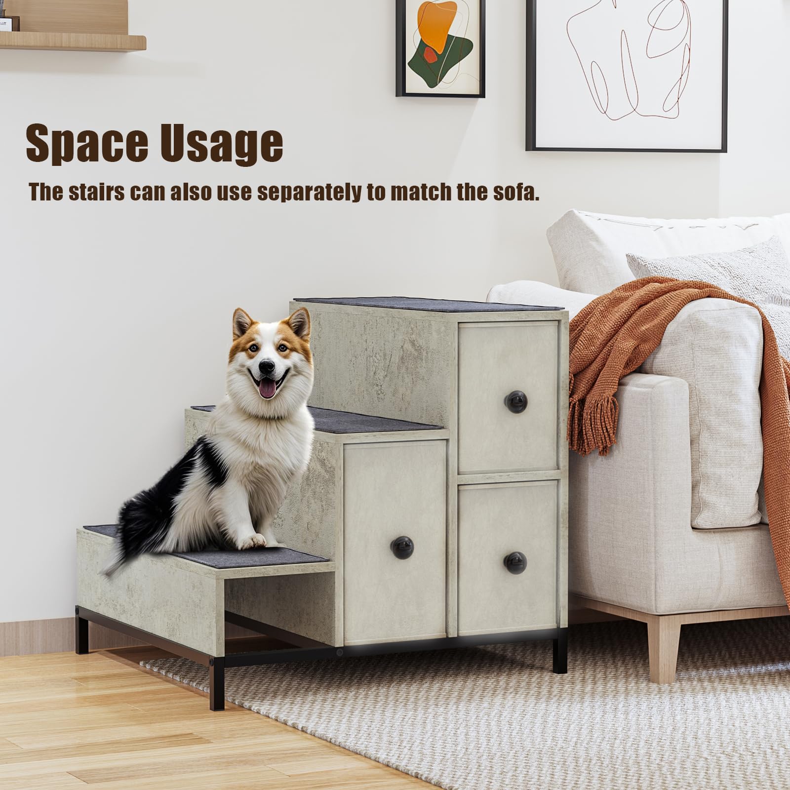 LEMBERI Pet Bunk Bed with Stairs and Storage, Dogs/Cats Window Perch, Bedside Lounge Elevated Dog Bed Multi-Level Platform with