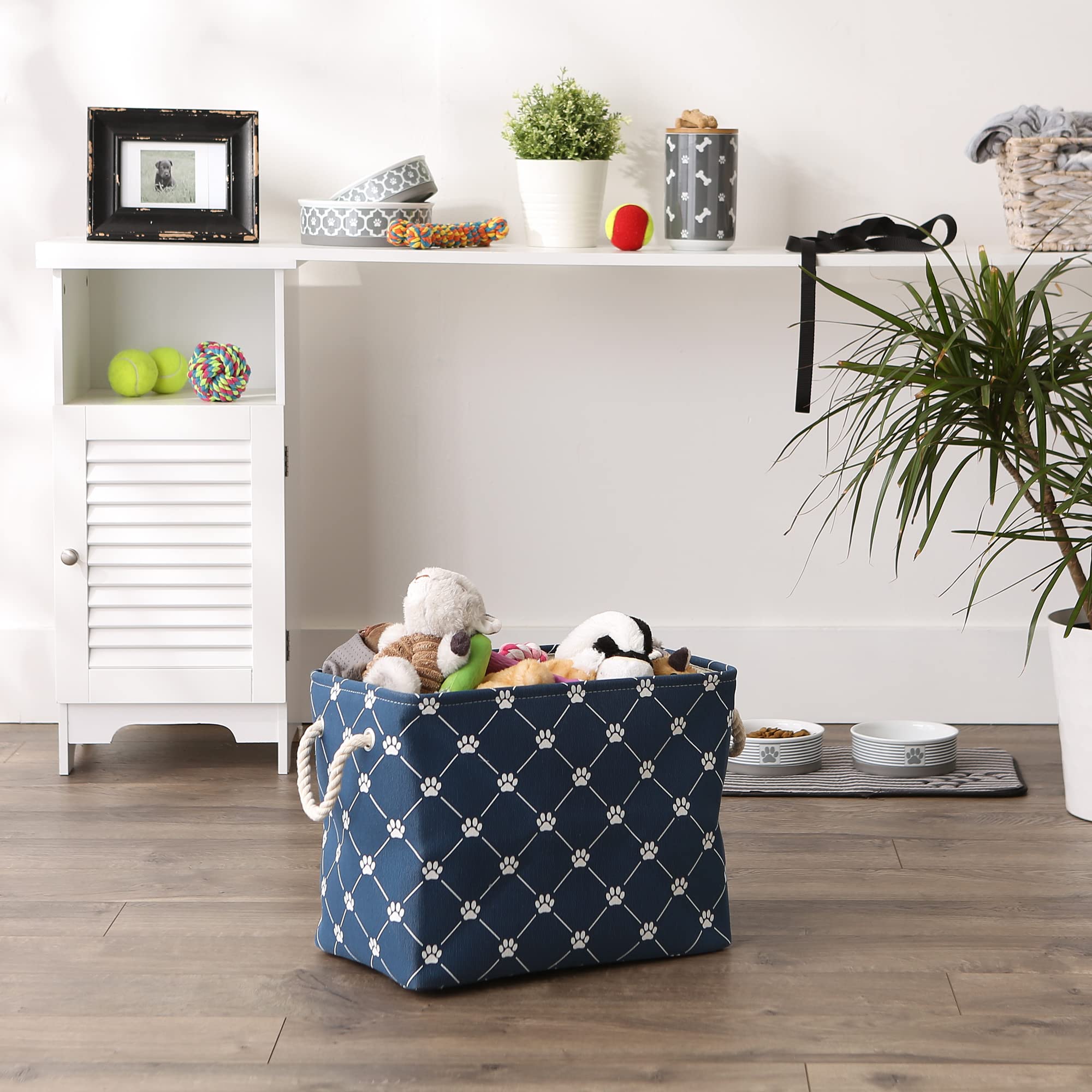 Bone Dry Pet Storage Collection Paw and Bone Print, Medium Rectangle, 16x10x12, Navy Trellis