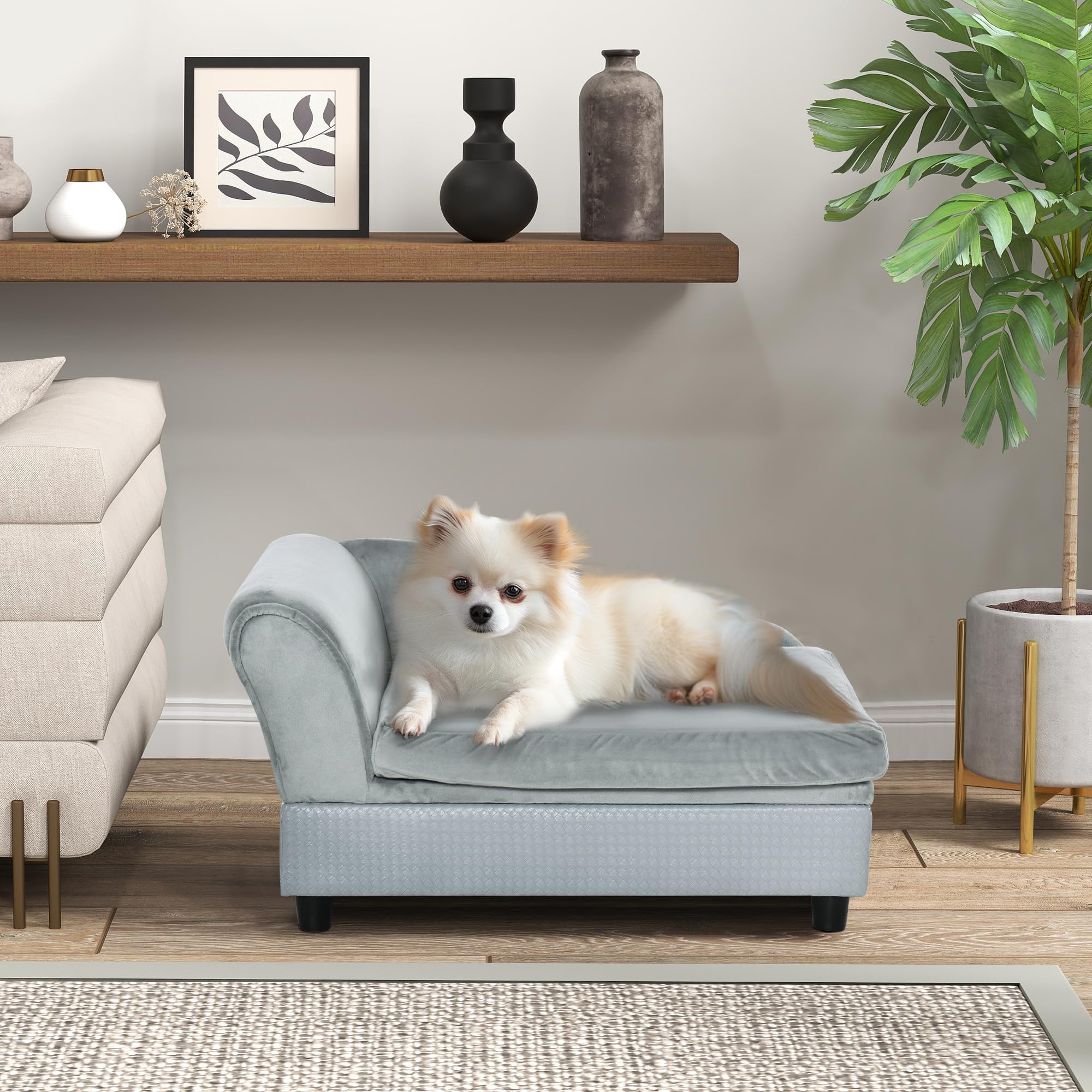 Pawhut Luxury Fancy Dog Bed For Small Dogs With Hidden Storage, Small Dog Couch With Soft 2' Foam, Dog Sofa Bed, Cushy Dog Bed, Modern Pet Furniture For Puppies And Little Breeds, Pale Gray
