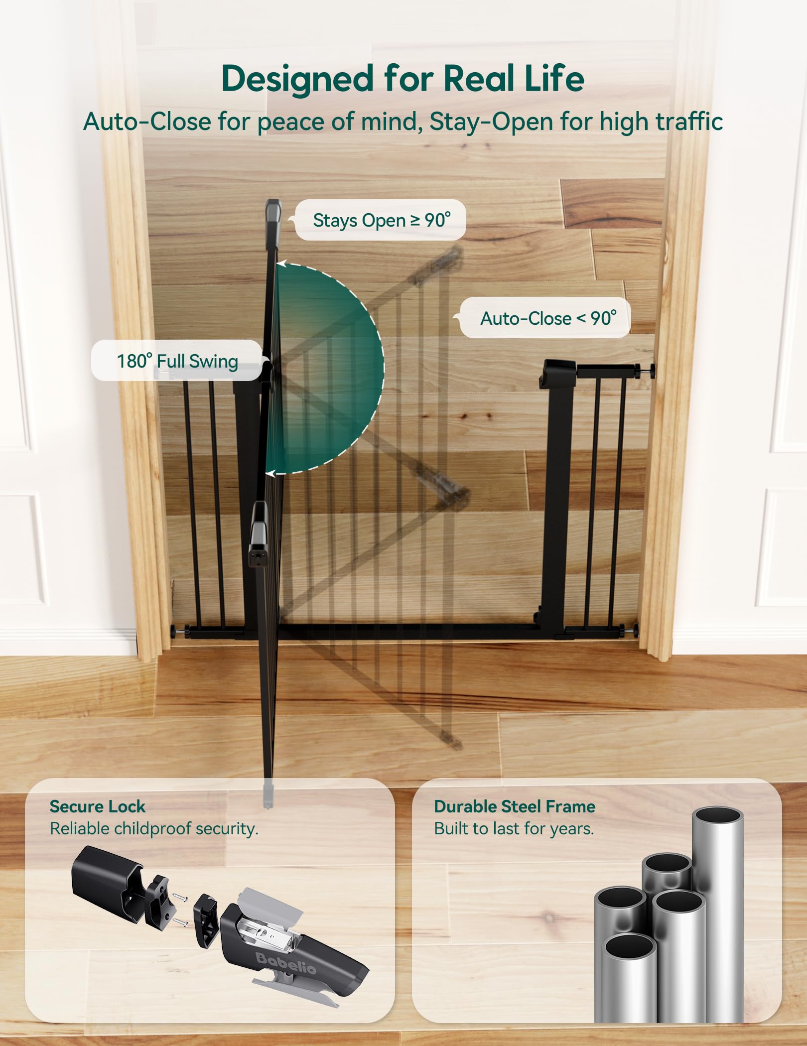 Babelio Baby Gate for Doorways and Stairs, PressGuard P7 Auto Close Dog Gate, 36 Tall Easy Install Pressure Mounted, fits for 29