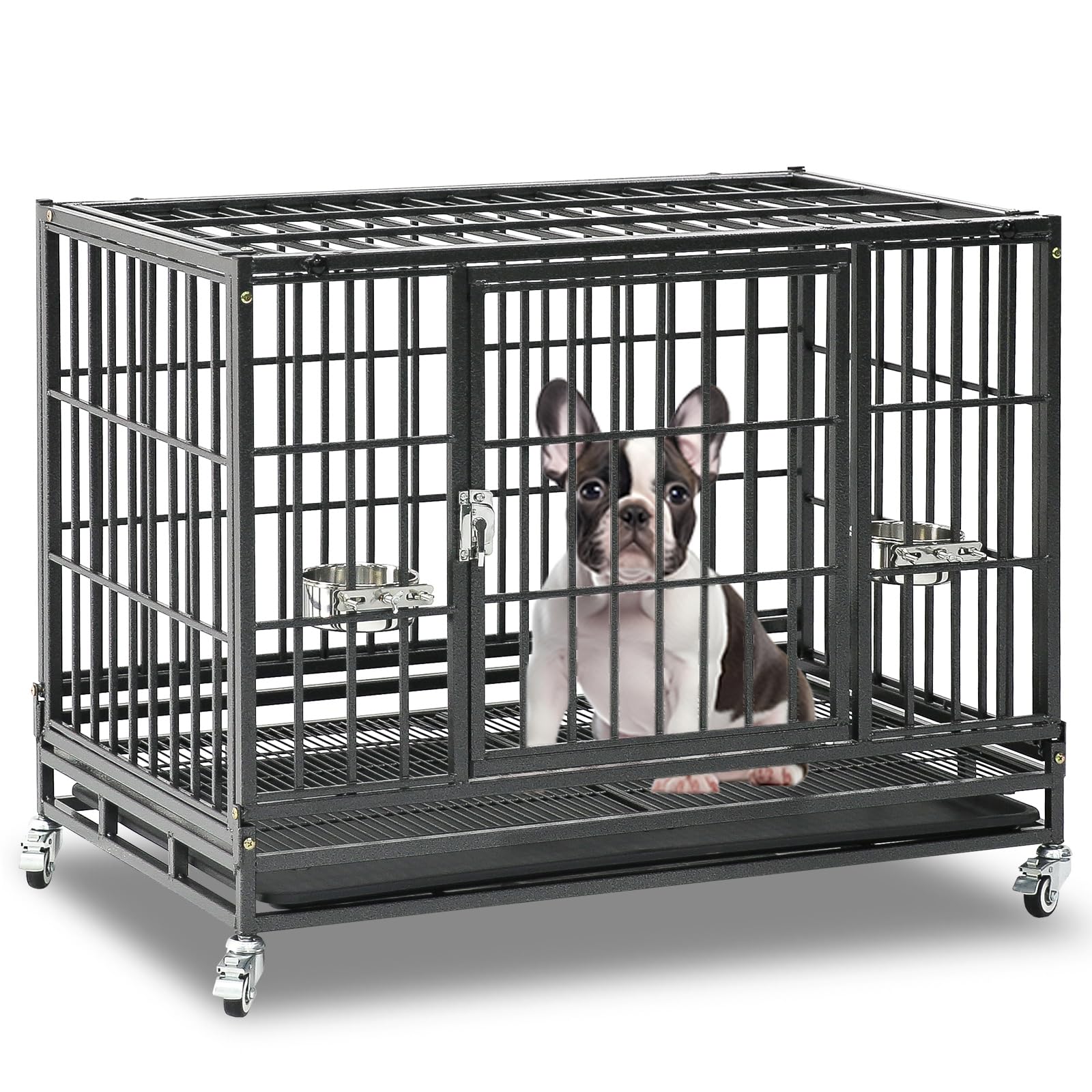 Homey Pet 37 Inch Heavy Duty Dog Crate For Medium Dogs, Stackable Dog Cage With Four Lockable Wheels, Removable Tray & Grid, Ope