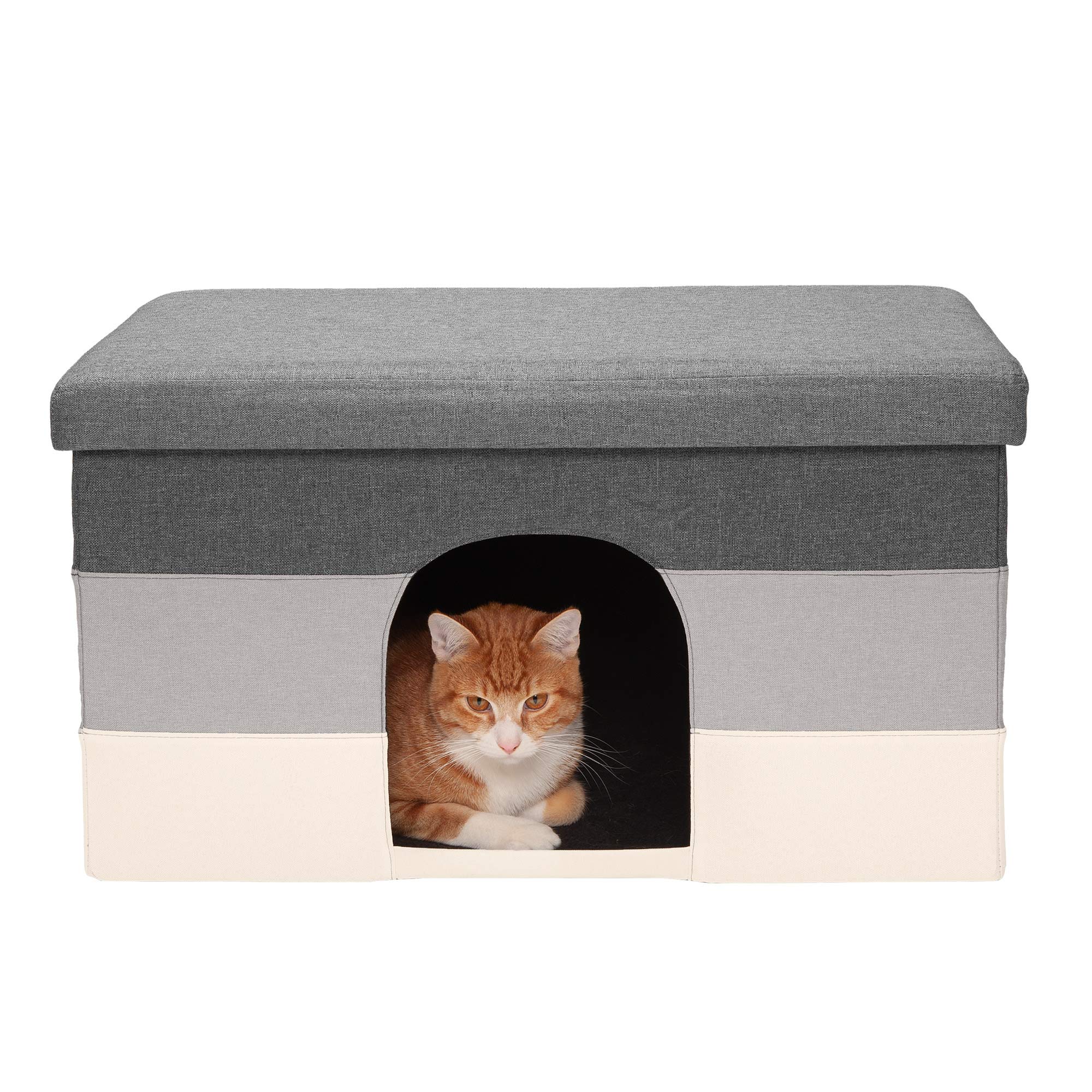 Furhaven Large Pet House Collapsible Ottoman-Footstool Condo Pet Bed - Hygge Stripe (Gray/Cream), Large