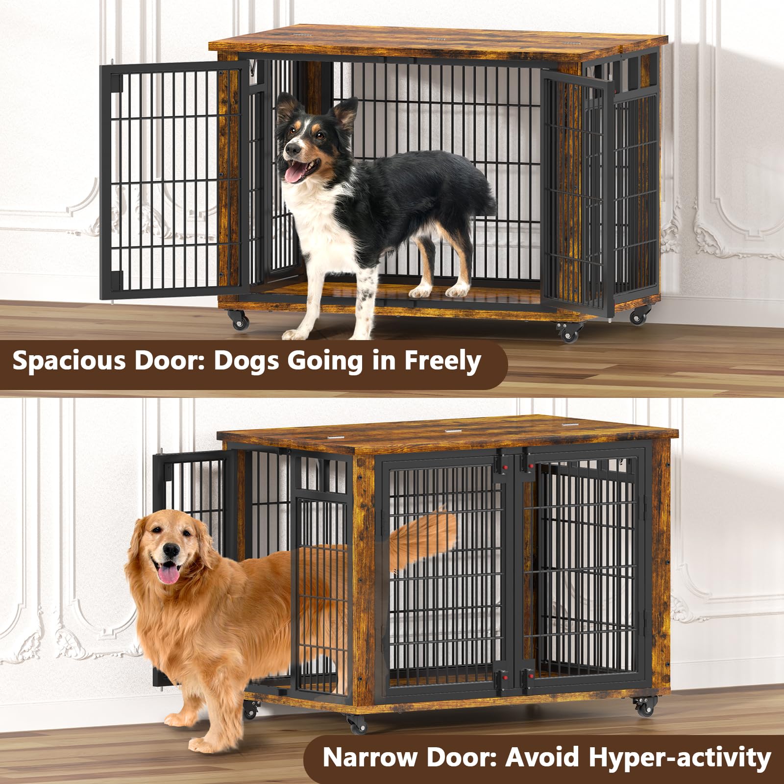 EasyCom 90% Pre-Assembled 41 Moveable XL Dog Crate, Large Dog Crate Furniture with Top-Access Teasing/Feeding Doors, Chew-Resist