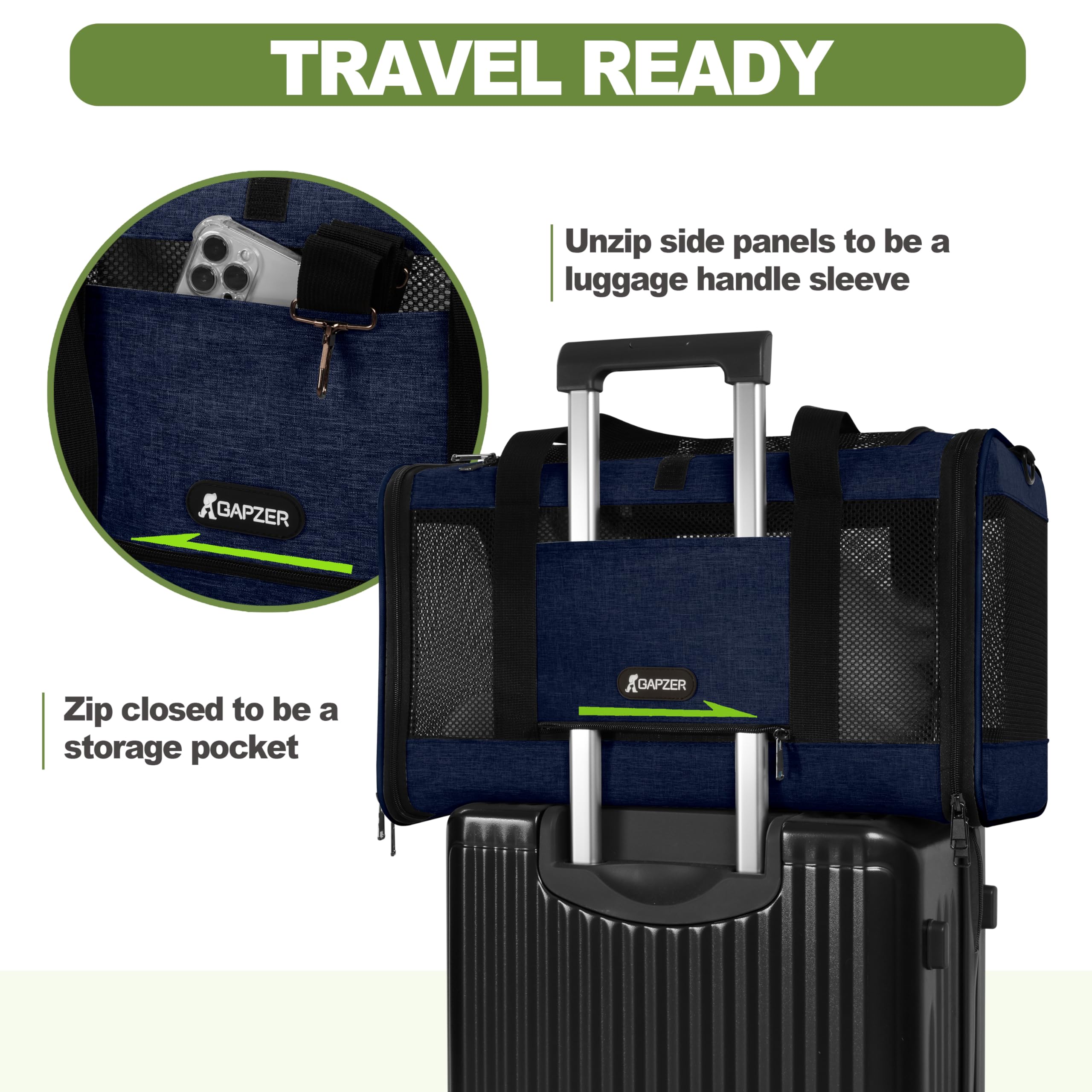 GAPZER Cat Carrier 18x11x11 United Airline Approved, Top Loader Heavy Duty Softshell Pet Flying Bag 18lbs, Small Dog Chihuahua C