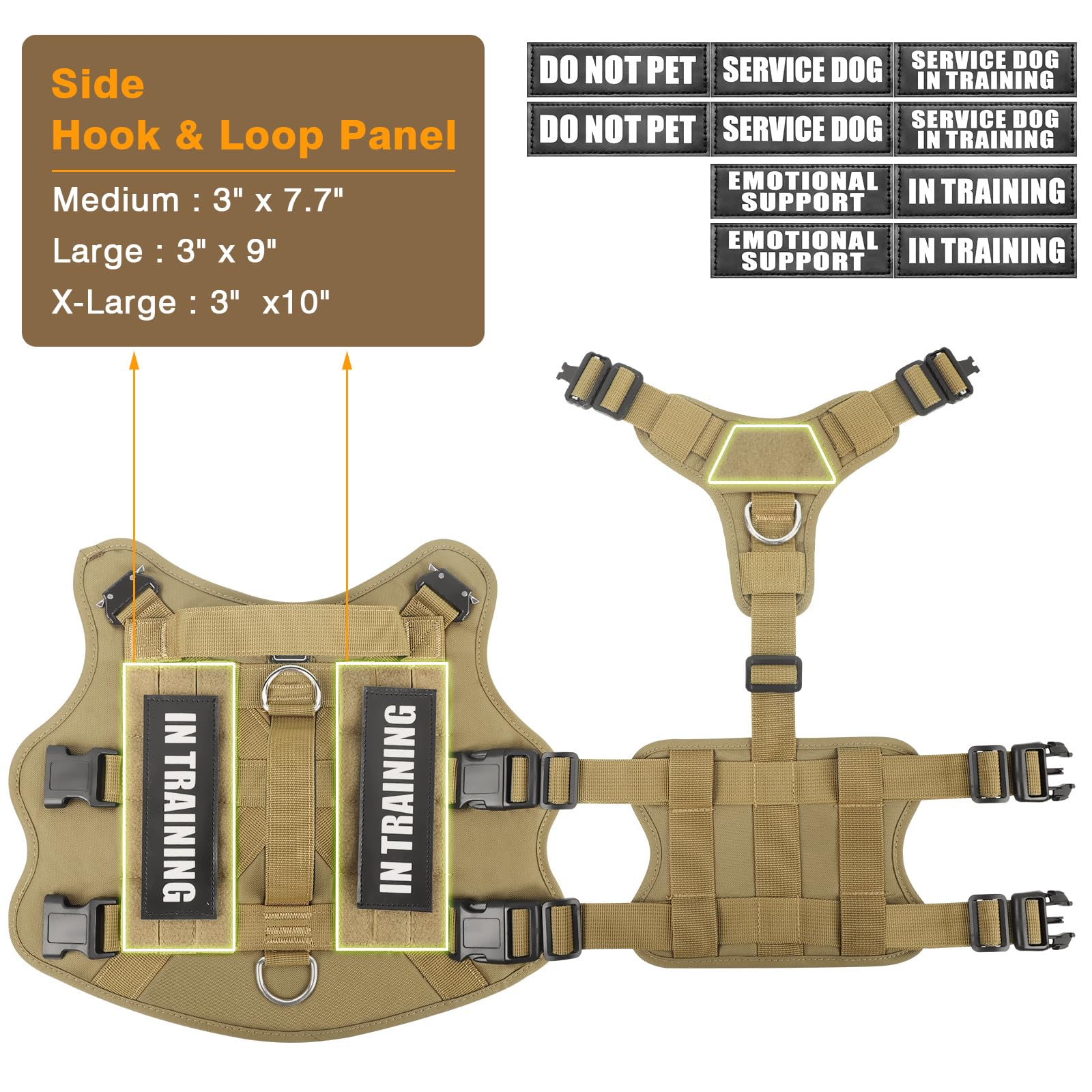 WINSEE Tactical Dog Harness with Dog Leash, Service Working MOLLE Vest with 10 Pet Patches for Medium Dog, No Pull Military Harn