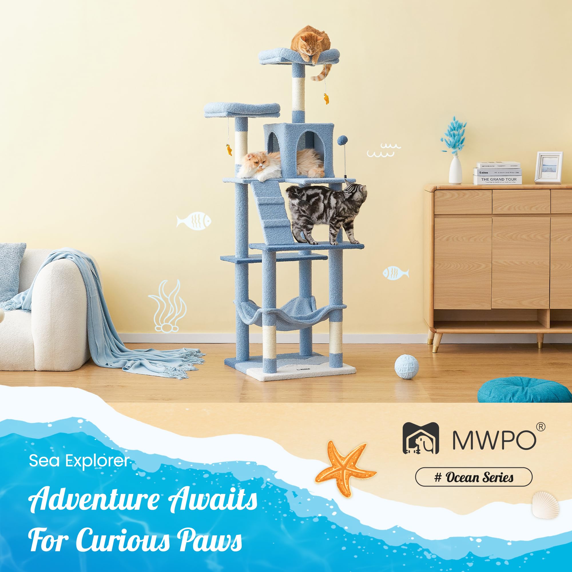 MWPO Ocean Cat Tree, 70.1-Inch Multi-Level Tower, Blue, Plush Condo with Big Perches & Scratching Posts, Model US-130MAX-K