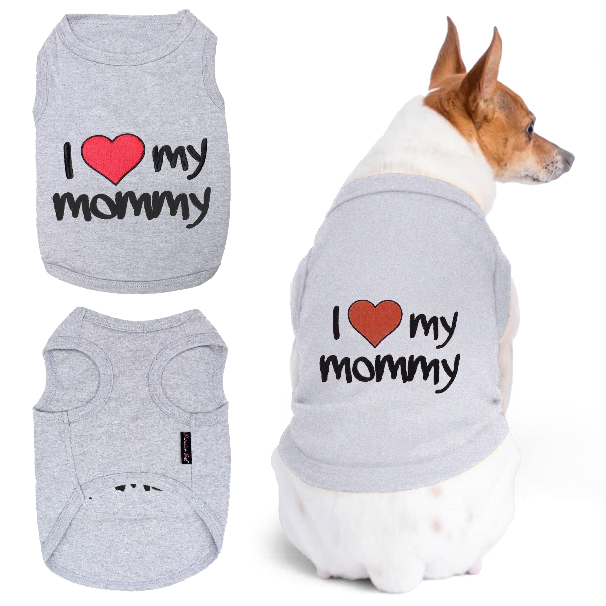 Parisian Pet Unisex Dog T-Shirt With Embroidered 'I Love My Mommy' Words - 100% Cotton, I Love My Mom Shirt - Breathable Sleeveless Pet Vest - Grey Dog Shirts For Small Dogs, Xxs