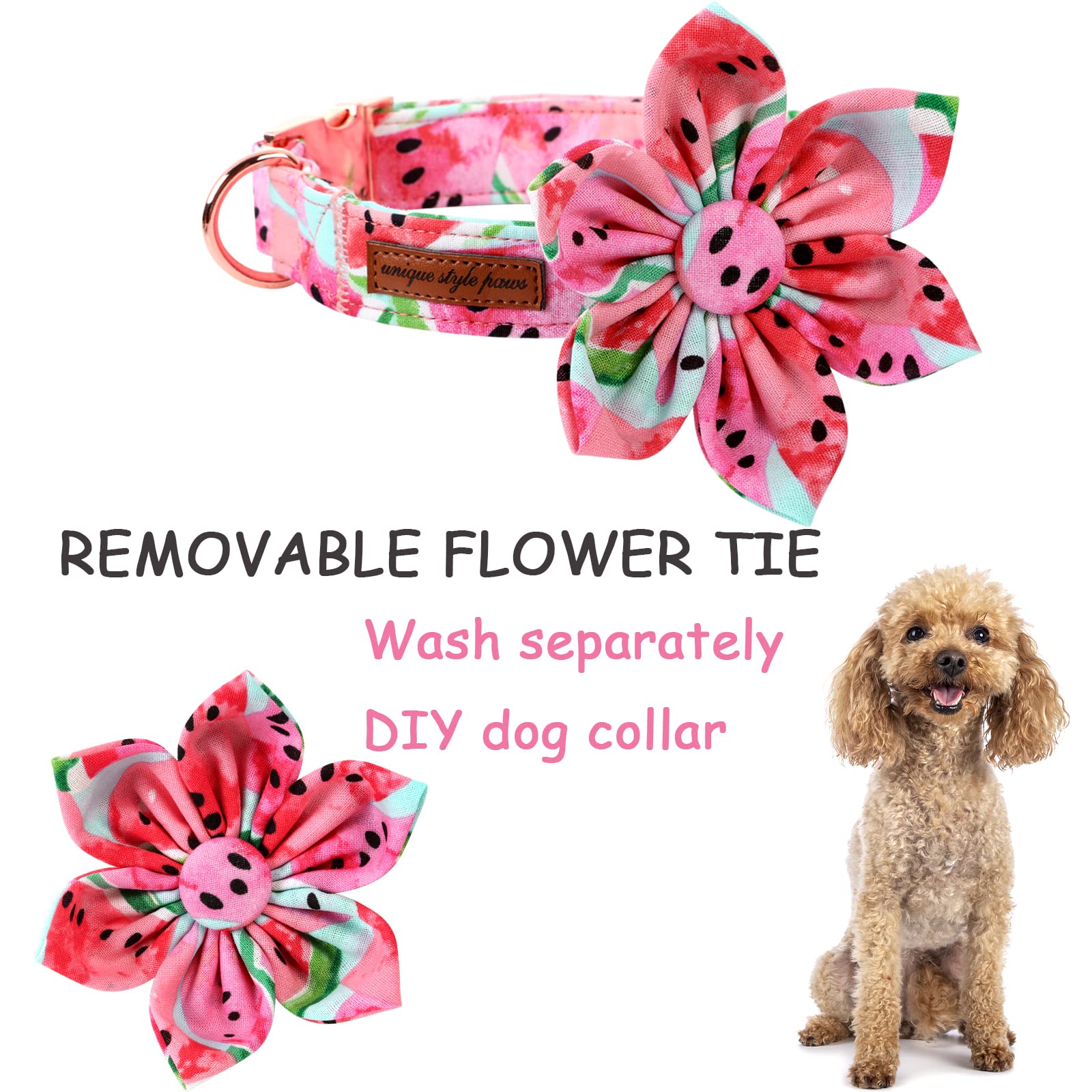 Unique Style Paws Dog Collar With Flower Tie Cotton Watermelon Collar Adjustable Summer Collar For Small Medium Large Dogs - S