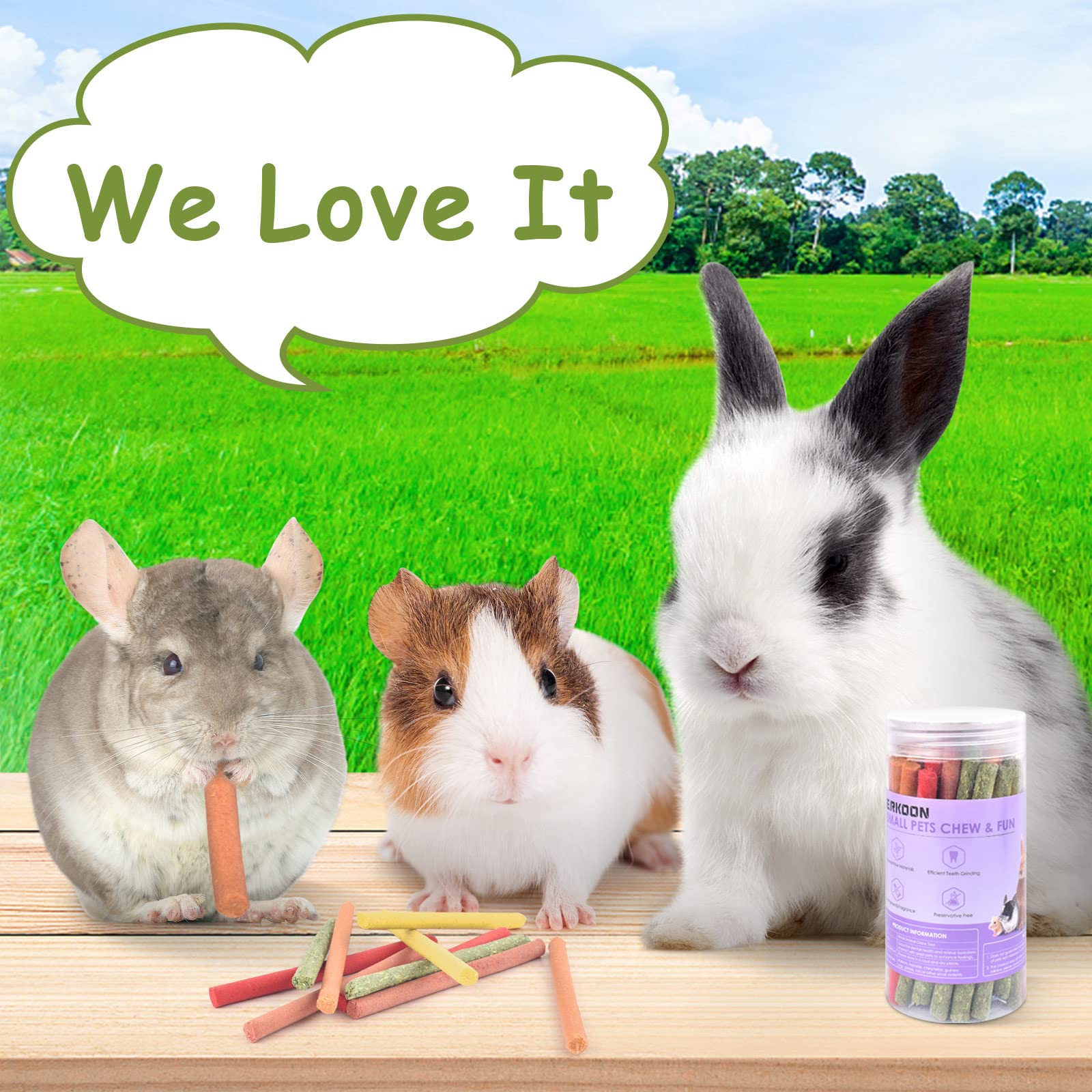 ERKOON 40Pcs Rabbit Timothy Hay Sticks, Five Flavors:PurplePotato/TimothyHay/Pumpkin/Strawberry/Carrot,Suitable Guinea Pig, Hams