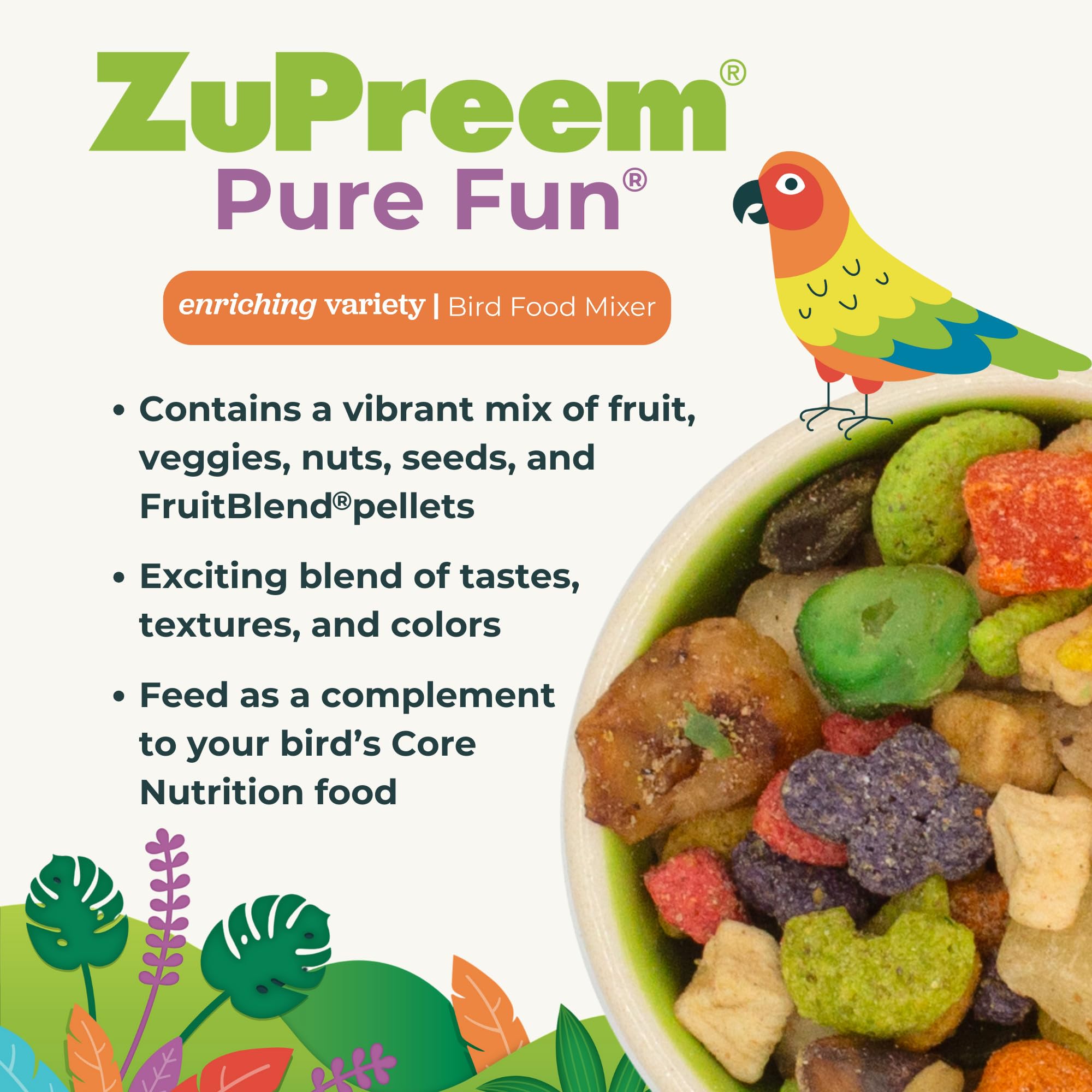 ZuPreem Pure Fun Bird Food, Cockatiel, Lovebird, Quaker, Small Conure, Lorikeet, Seed and Pellet Blend for Medium Birds, Food Mi