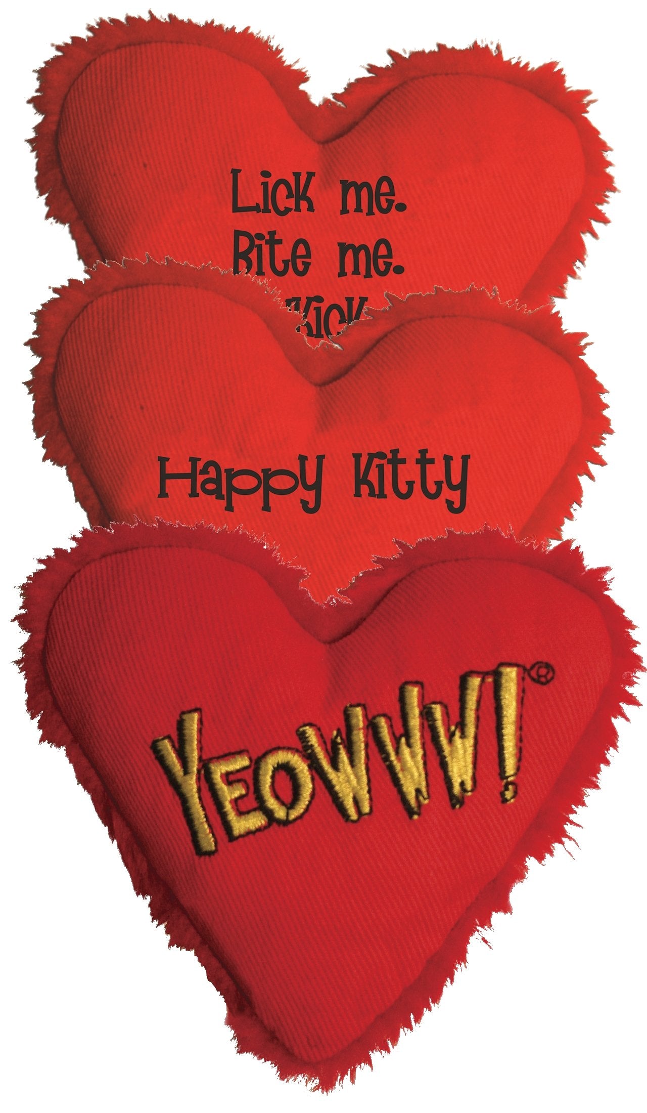 Yeowww! Heart Attack Pack: 3X 100% Organic Catnip Heart Cat Toys, Each With A Different Phrase